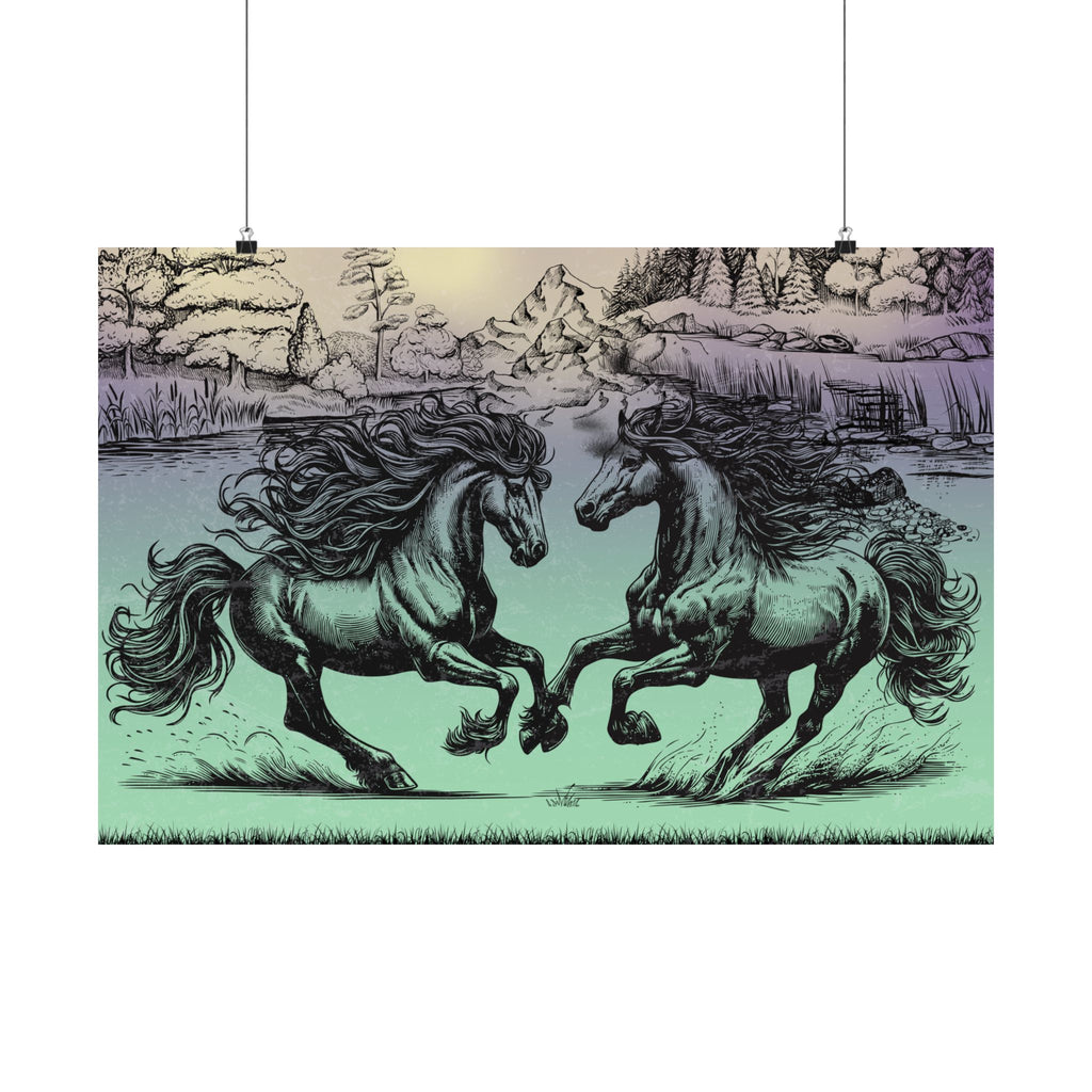 Vintage Pferde Kunst Satin Poster, zwei Pferde Wanddekoration, Einzigartiger Kunstdruck, Geschenk für Pferdeliebhaber