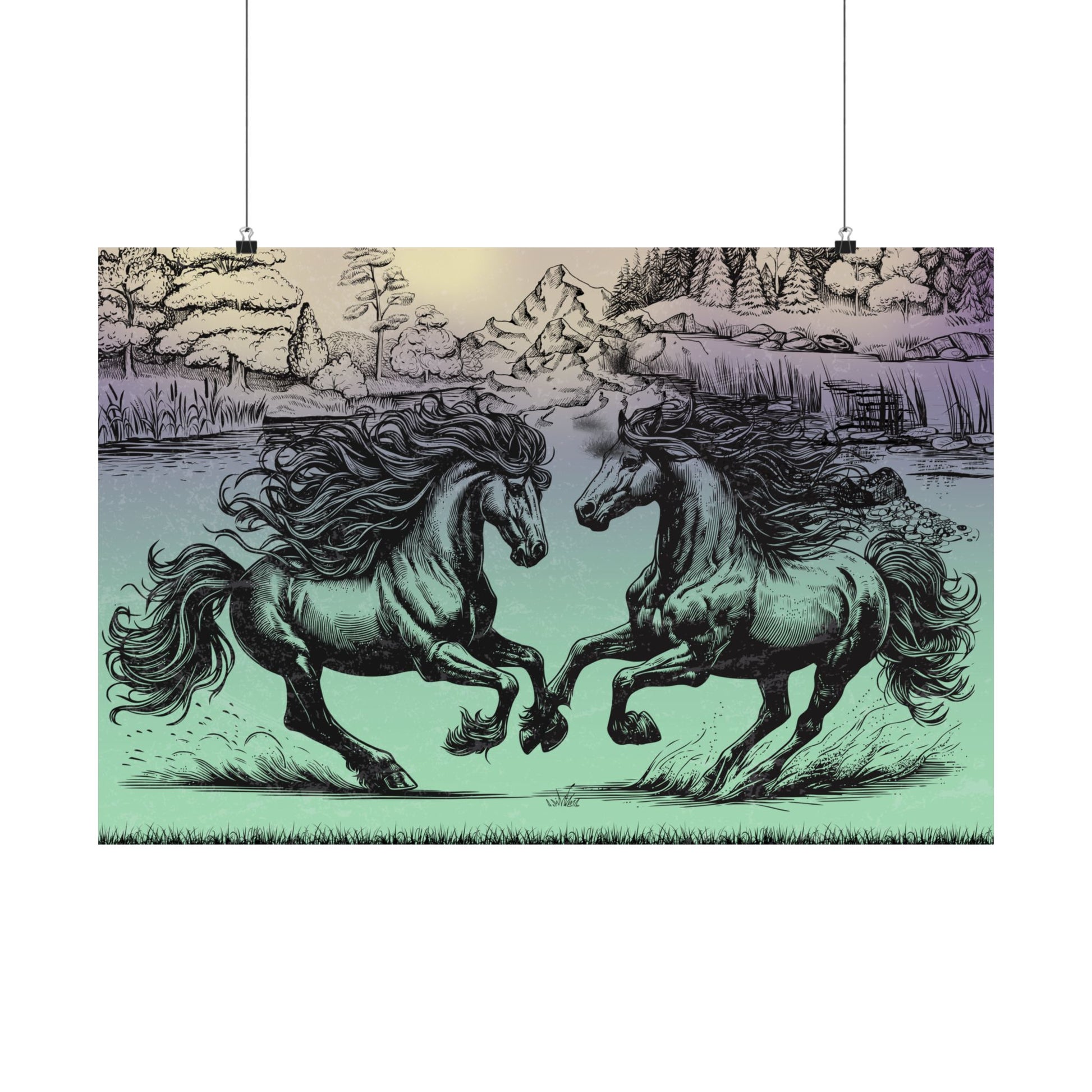 Vintage Pferde Kunst Satin Poster, zwei Pferde Wanddekoration, Einzigartiger Kunstdruck, Geschenk für Pferdeliebhaber