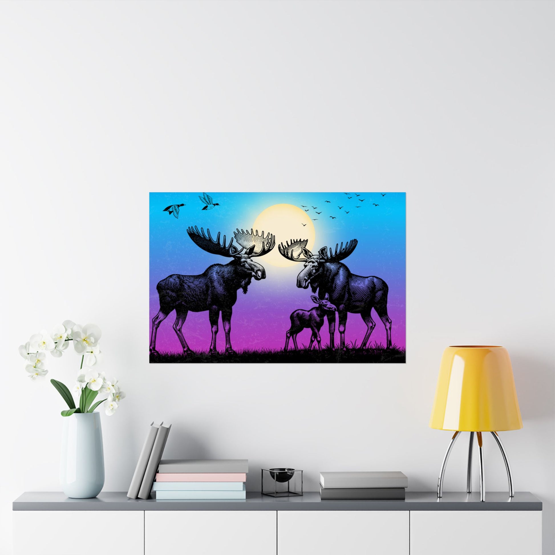 ElchFamilie Satin Poster Kunstdruck, Wildlife Dekor, Naturliebhaber Wandkunst, Wohndekor, Geschenk für Tierliebhaber, Einzigartige Poster
