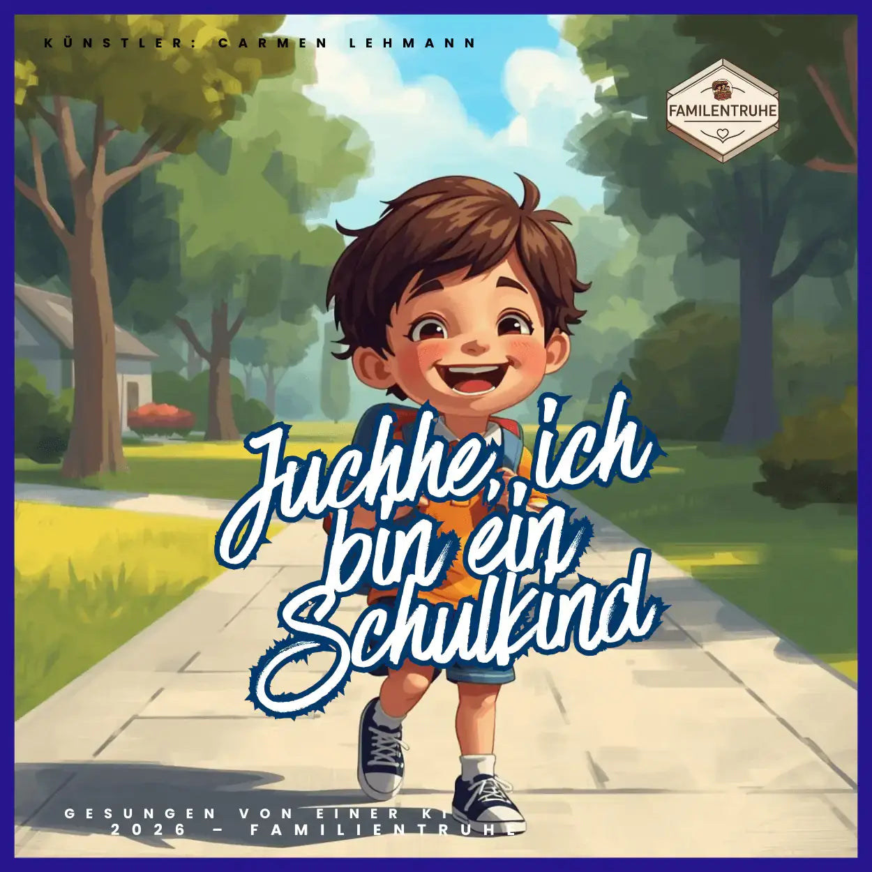 Kinderlied-Juchhe ich bin ein Schulkind - fröhliches Kind auf dem Schulweg, das den Schulstart feiert.