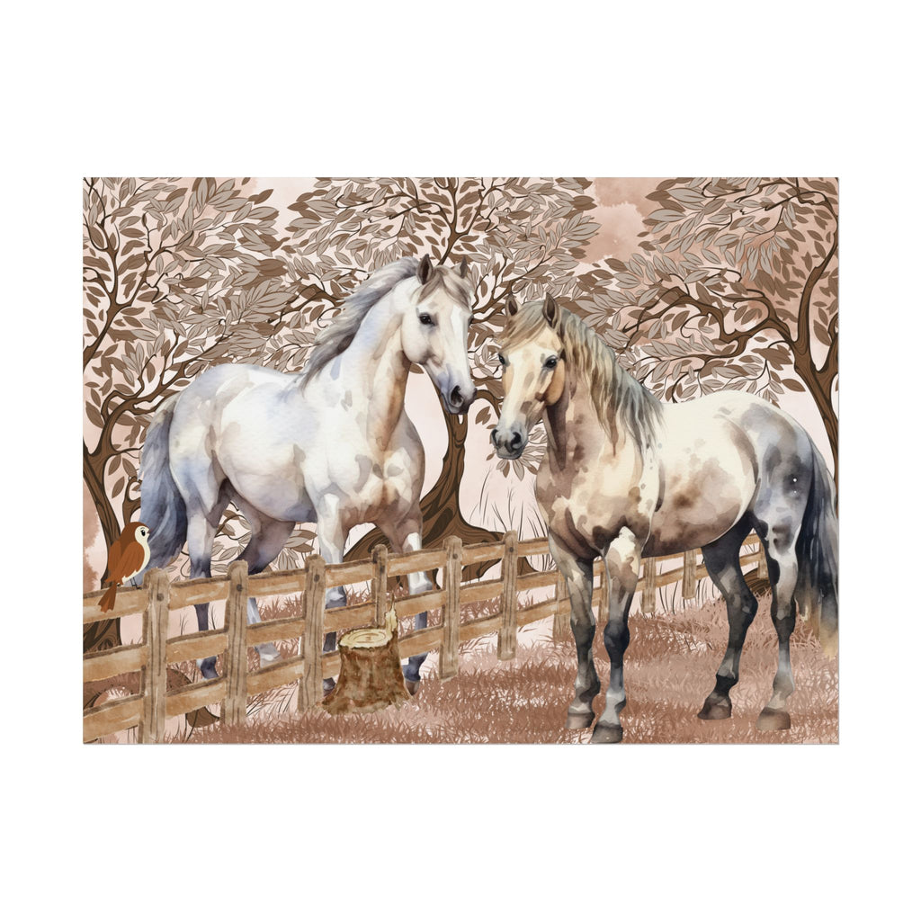 Poster - Two horses gray white checkered greeting each other at the fence