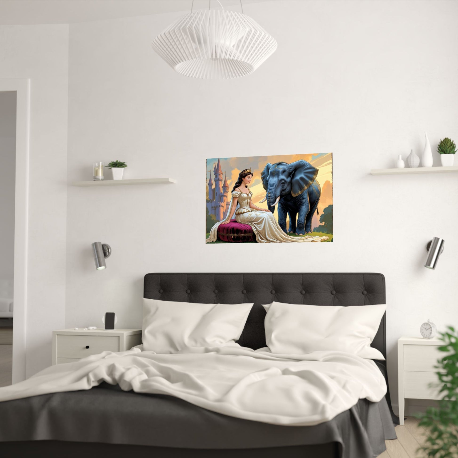 Bezaubernde Satin-Posterkunst – Prinzessin & Elefant, Wohndekor, Wandkunst, Geschenkidee, Kinderzimmerdekor, zauberhafte Illustrationen