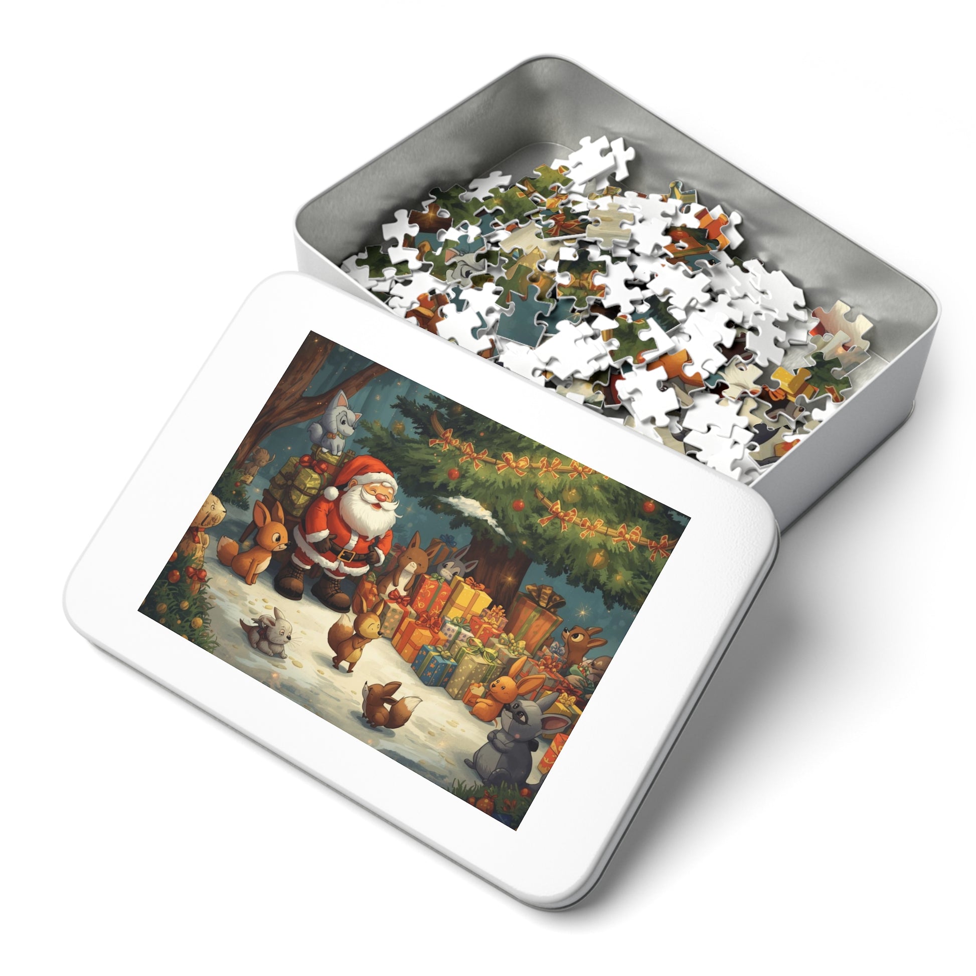 Festliches Weihnachtspuzzle mit Dose, Weihnachtspuzzle, Weihnachtsmann und Tiere, Familienspielabend, Weihnachtsgeschenk, gemütliche Heimaktivität