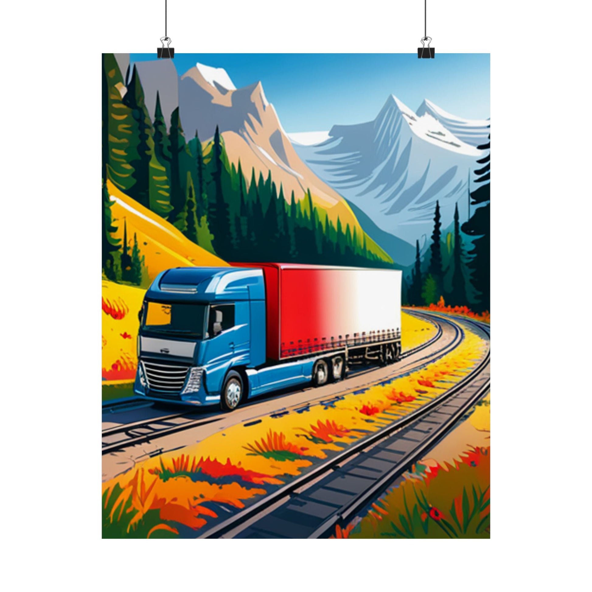 Trucking Adventure Satin Poster, Wandkunst für Truck-Enthusiasten, Vintage Truck Dekor, Geschenk für Fahrer, Road Trip Dekor