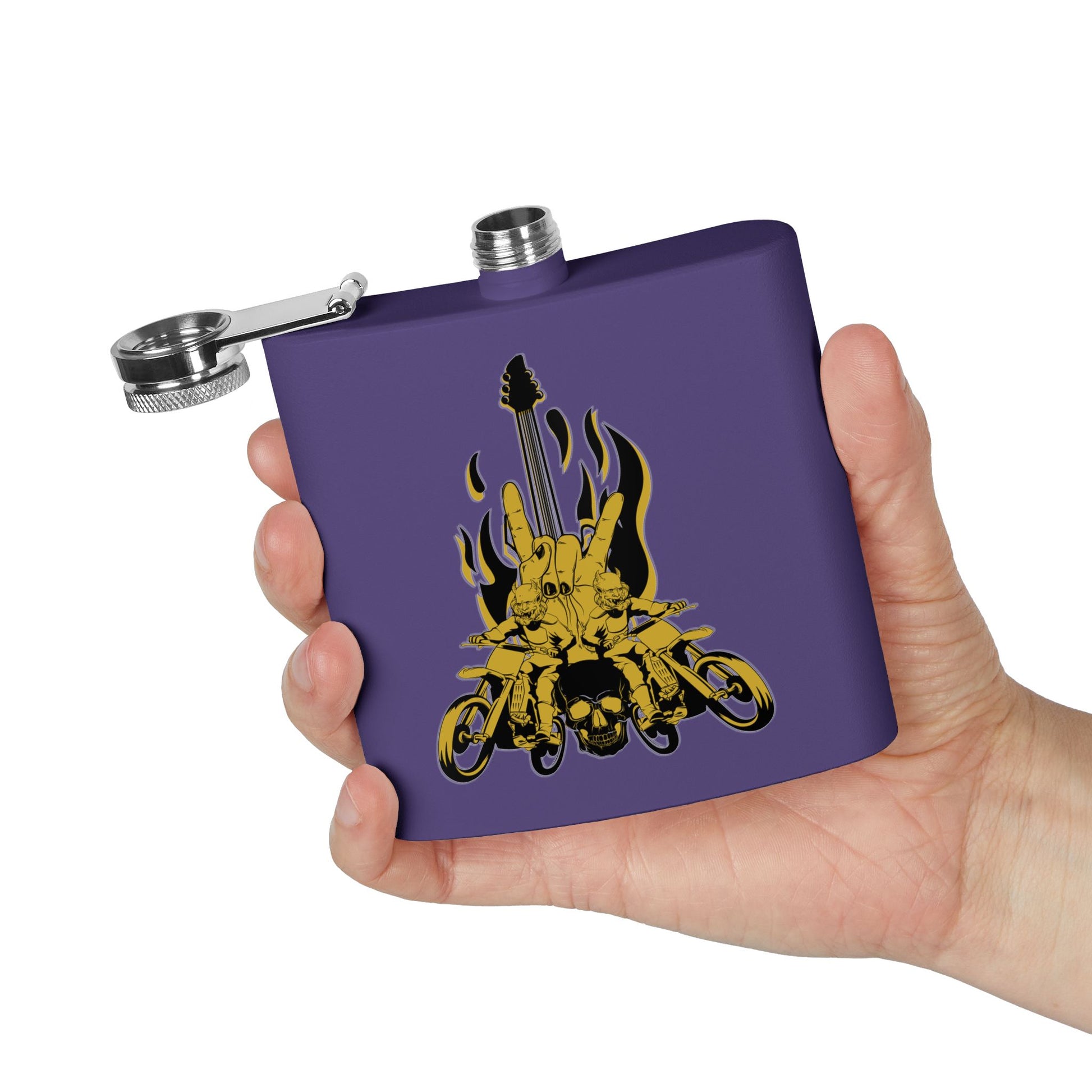 Edelstahl-Flachmann mit Rock 'n' Roll-Motiv – 170 ml, Totenkopf- und Gitarren-Design