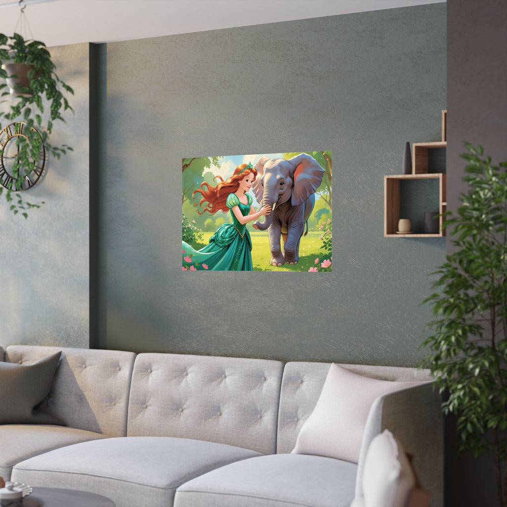 Zauberhafte Satinposter fürs Kinderzimmer, skurrile Wandkunst, Prinzessinnen- und Elefanten-Dekor, Kinderzimmerdekoration, Geschenk zum Geburtstag