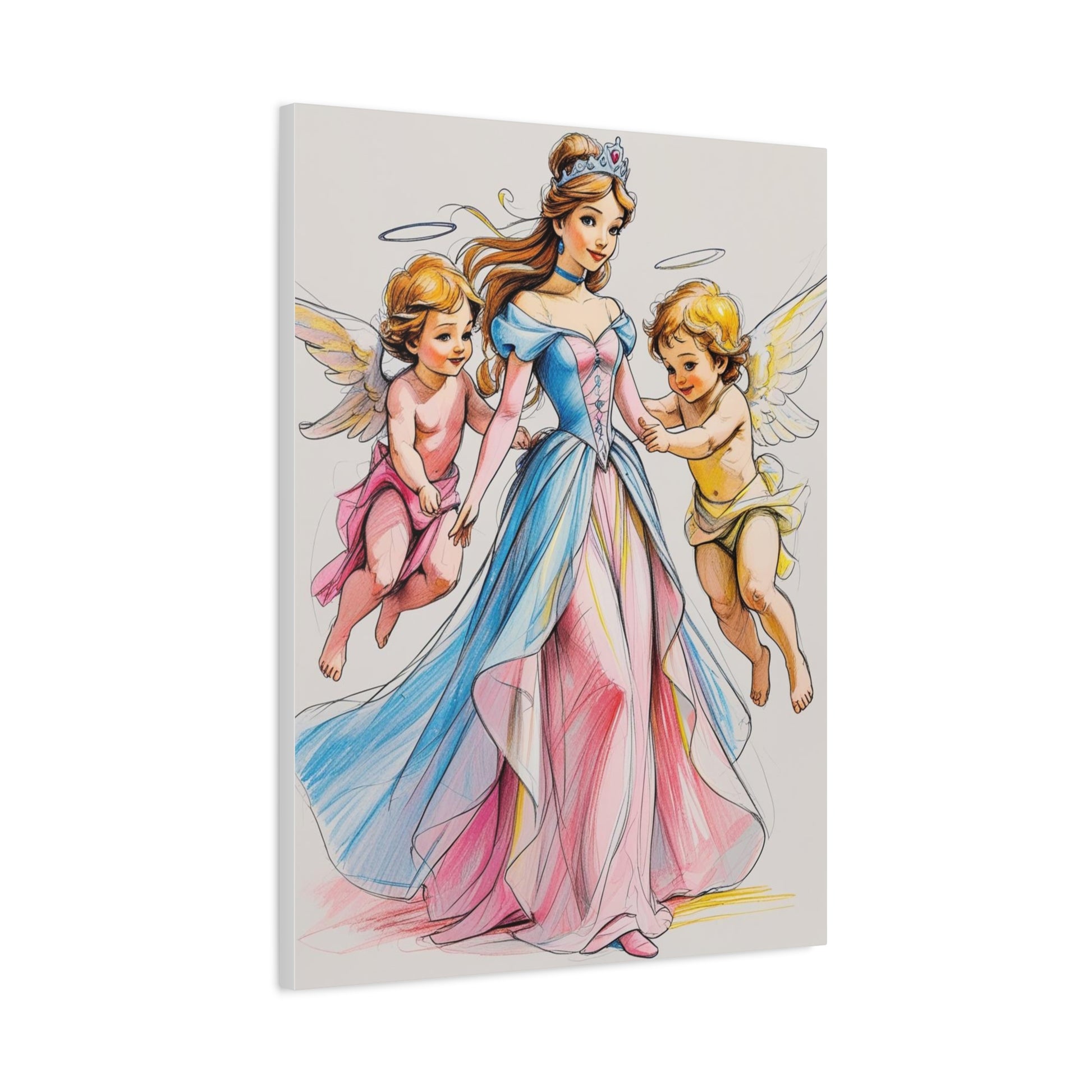 Prinzessin mit ein Seiden mehrfarbiges Kleid und kleine Engel in Mal Motiv