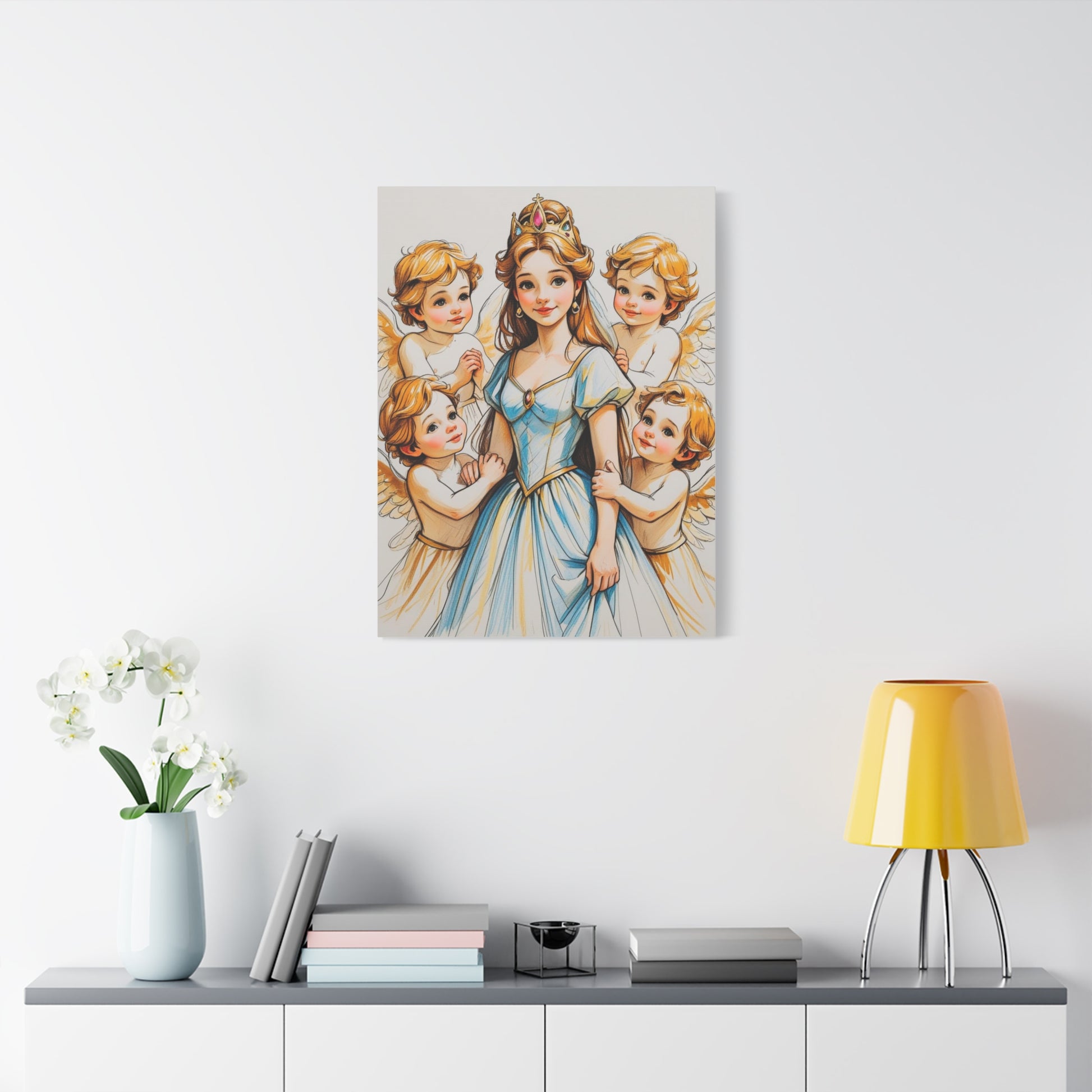Prinzessin mit ein Seiden mehrfarbiges  blaues Kleid und kleine Engel in Mal Motiv