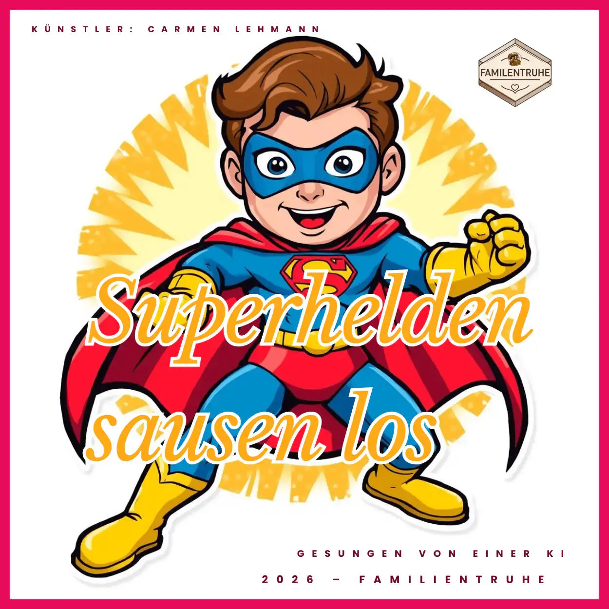 Kinderlied-Superhelden sausen los mit mutigem Kind im Superheldenkostüm und strahlendem Lächeln.