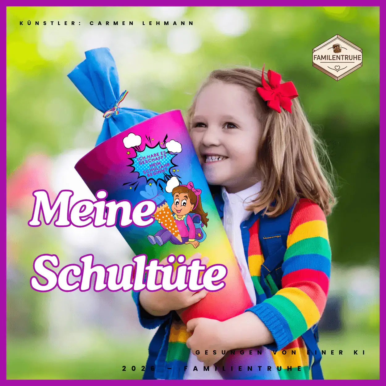 Kinderlied-Meine Schultüte /Einschulung - fröhliches Mädchen mit bunter Schultüte vor fröhlichem Hintergrund.