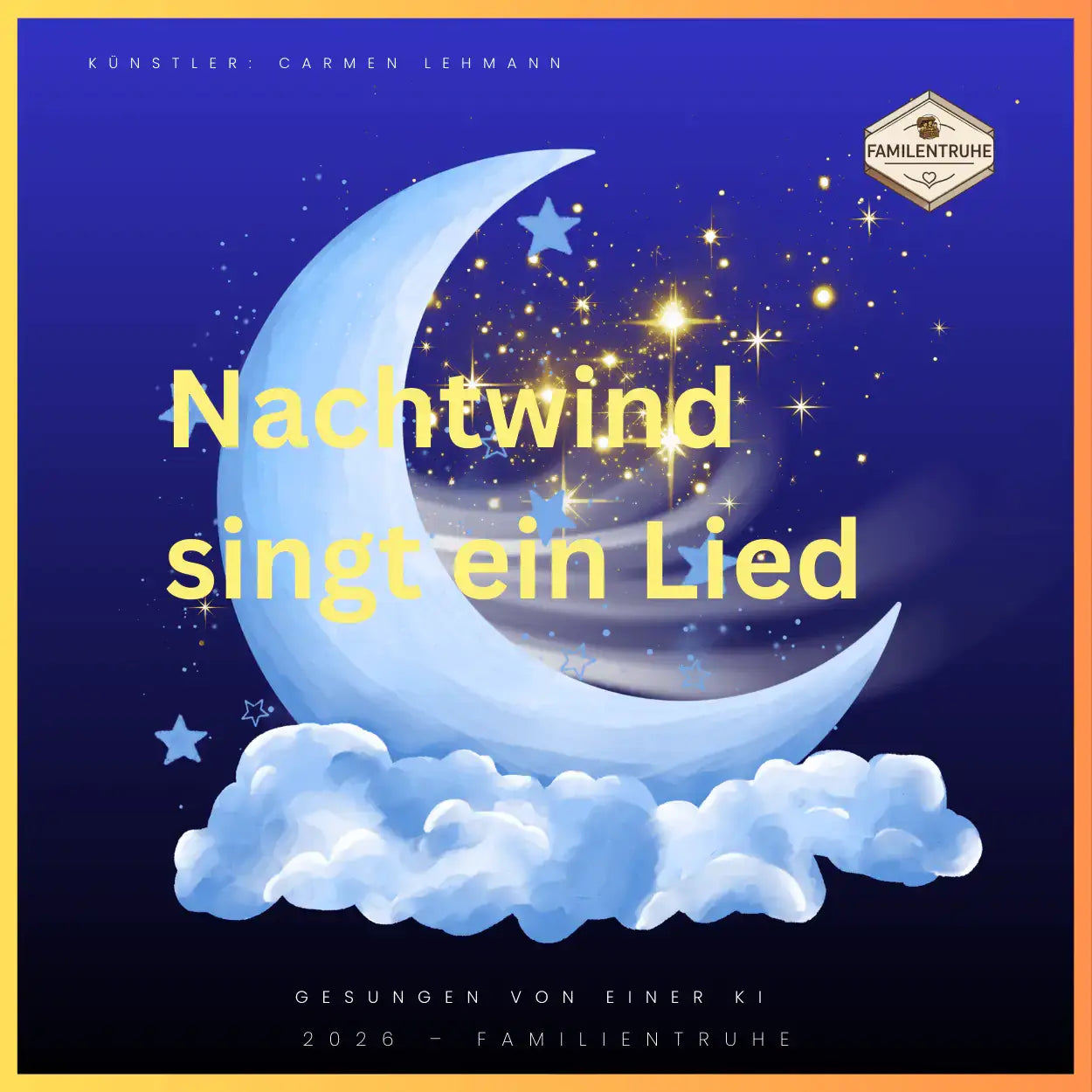 Illustration des Wiegenlied-Nachtwind singt ein Lied mit Mond und Wolken vor nächtlichem Hintergrund.