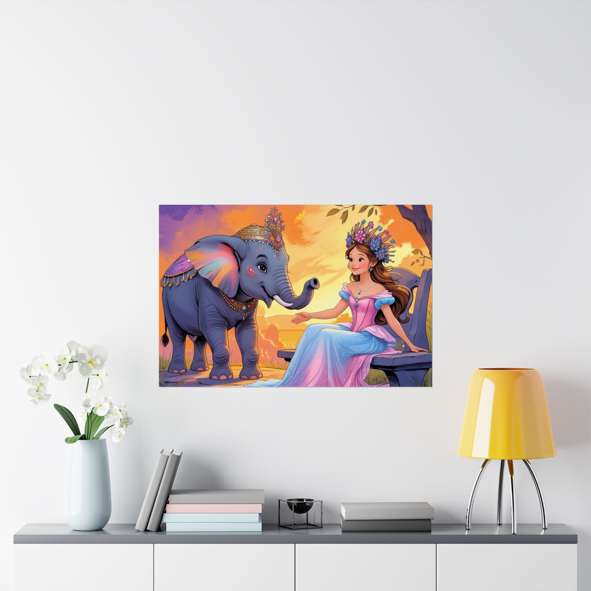 Skurriler Wandkunstdruck, Satinposter zur Dekoration des Kinderzimmers, Elefanten- und Prinzessinnenillustration, Kinderzimmerkunst, Geschenk zur Babyparty