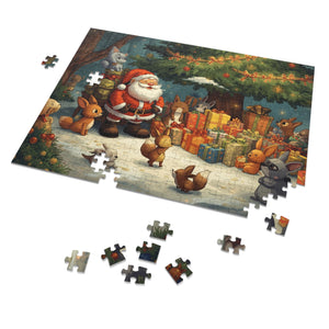 Festliches Weihnachtspuzzle mit Dose, Weihnachtspuzzle, Weihnachtsmann und Tiere, Familienspielabend, Weihnachtsgeschenk, gemütliche Heimaktivität