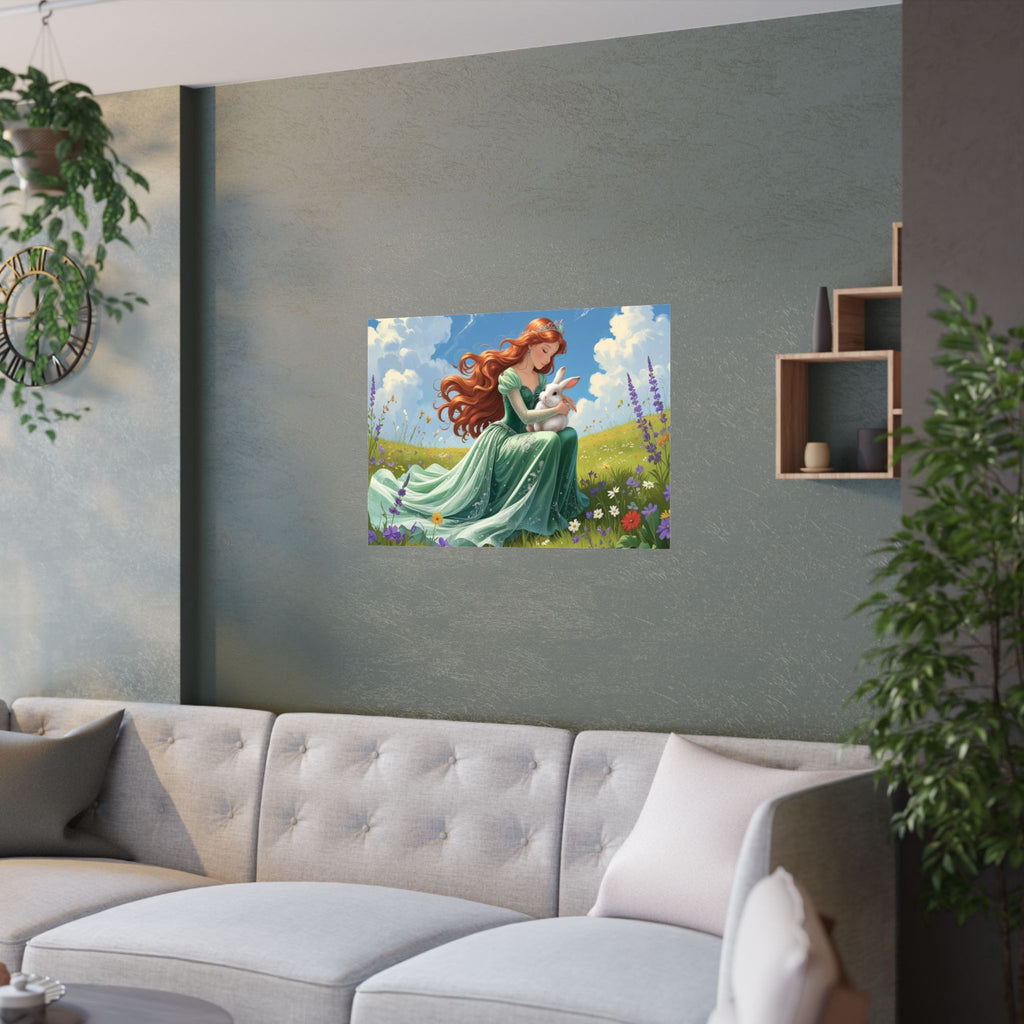 Wunderliches Satin Poster, Zauberhafte Wandkunst, Prinzessin & Hase Design, Kinderzimmer Dekor, Märchen Wandkunst, Kinderzimmer Dekor