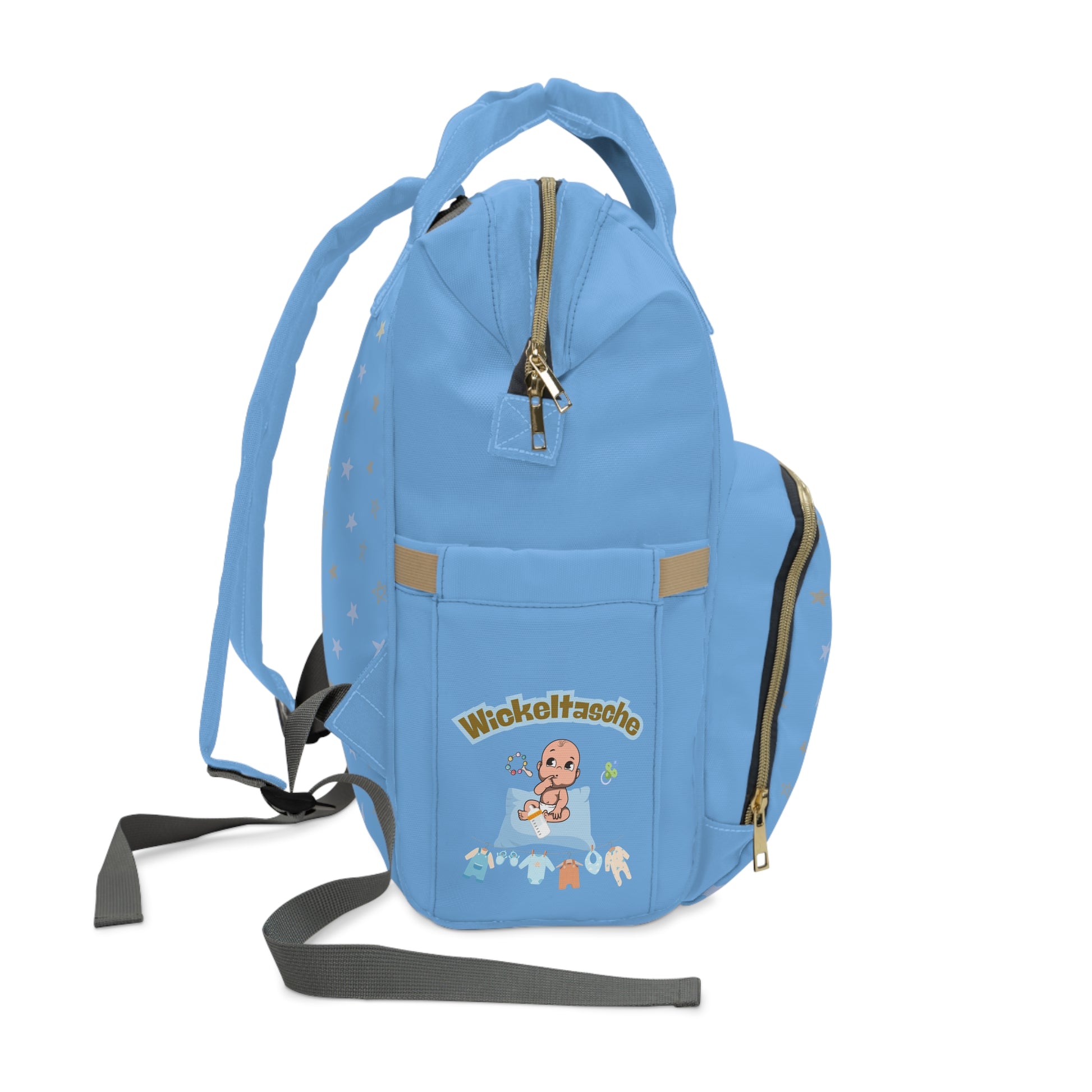 Stylischer multifunktionaler Wickelrucksack für trendige Eltern - Blau mit Sternen-Design