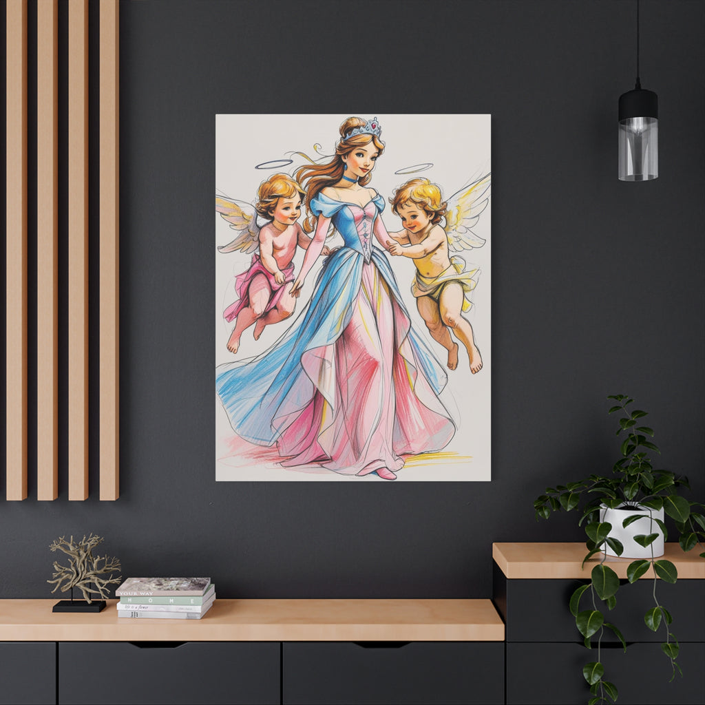 Prinzessin mit ein Seiden mehrfarbiges Kleid und kleine Engel in Mal Motiv in Großformat