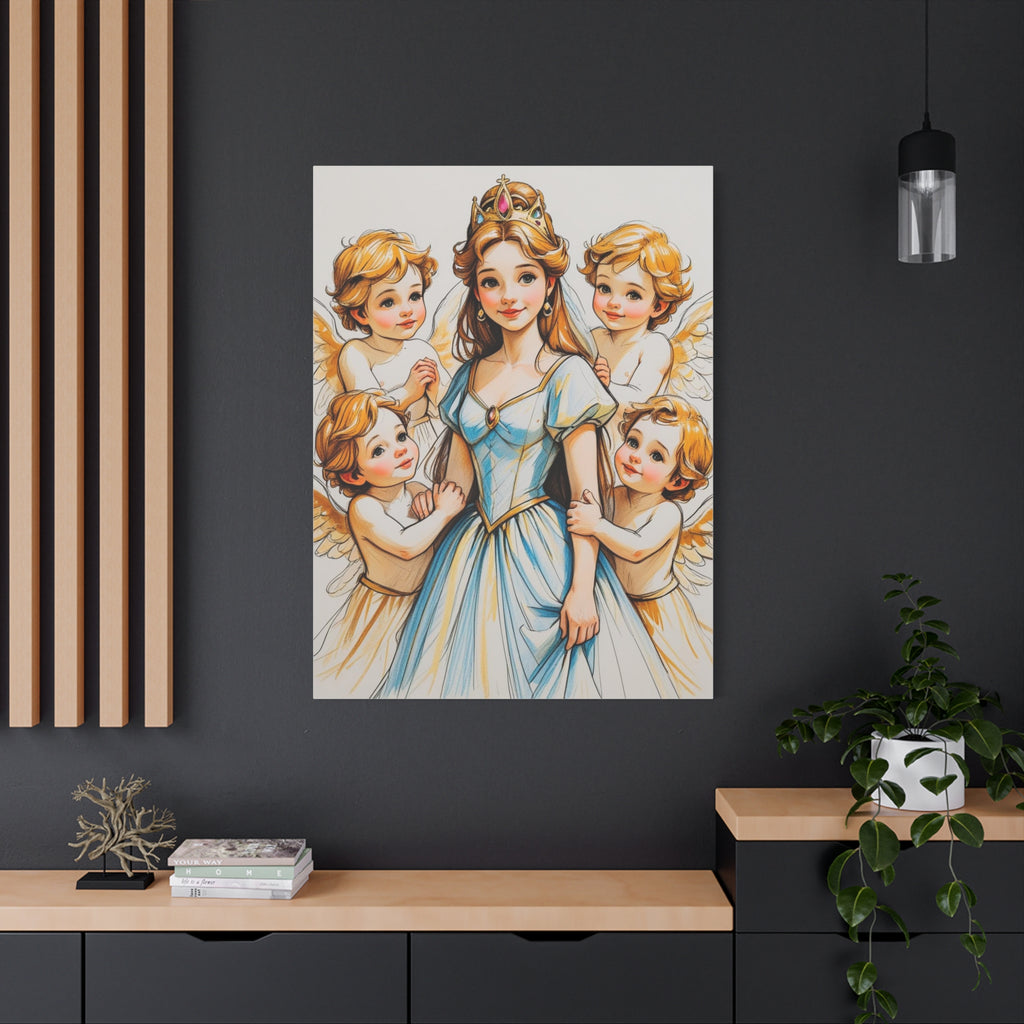 Prinzessin mit ein Seiden mehrfarbiges  blaues Kleid und kleine Engel in Mal Motiv in Großformat