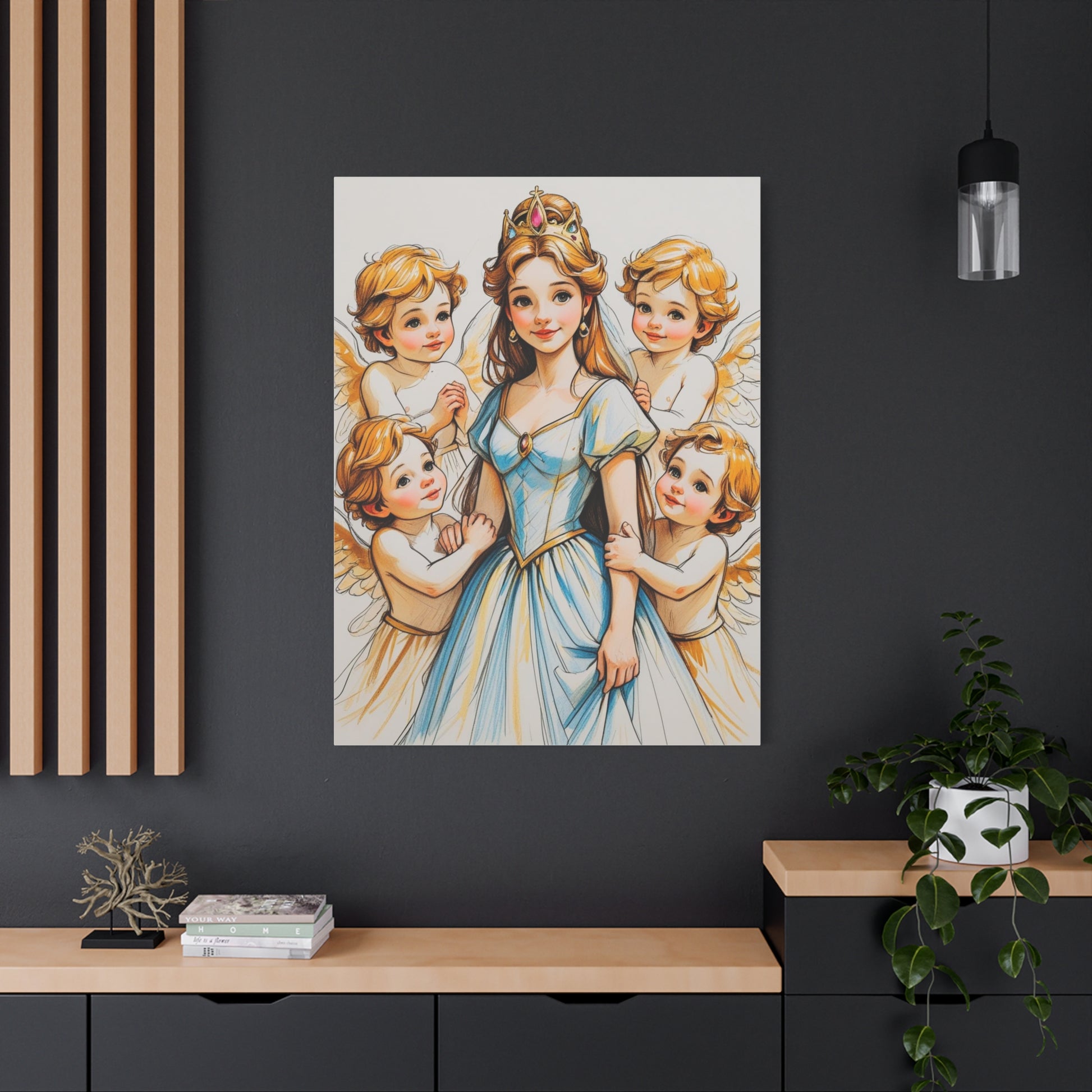 Prinzessin mit ein Seiden mehrfarbiges  blaues Kleid und kleine Engel in Mal Motiv in Großformat