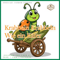 Illustration eines Käfers auf einem Wagen zum Kinderlied 'Krabbeln Krabbeln wie ein Käfer', das zum Bewegen einlädt.