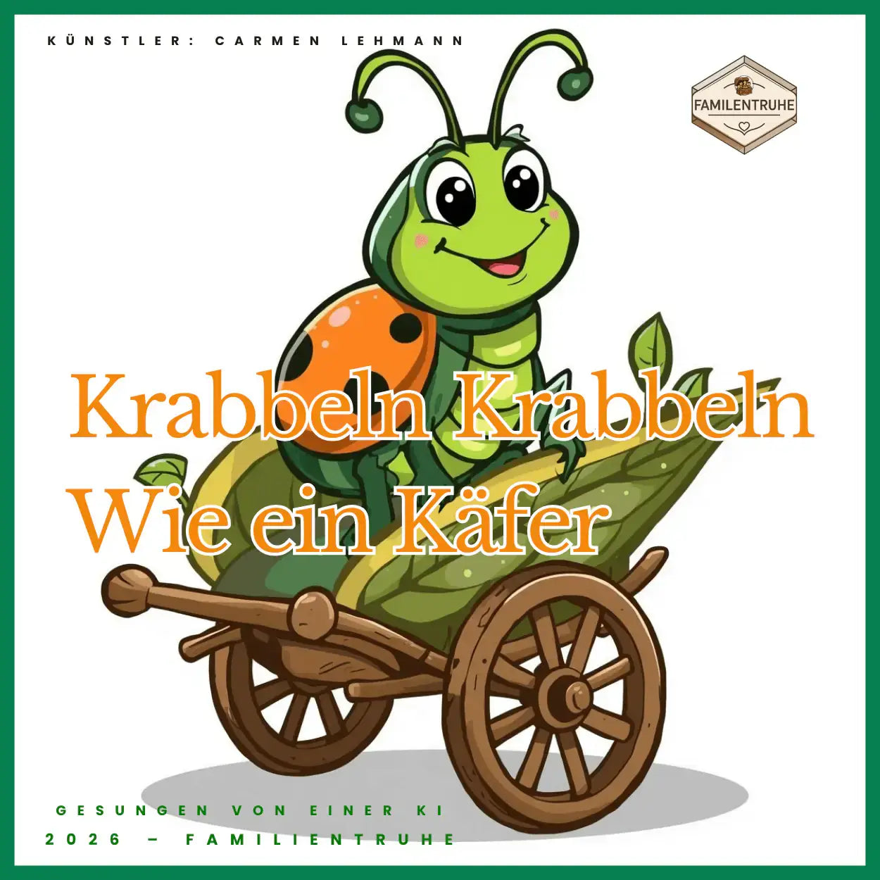 Illustration eines Käfers auf einem Wagen zum Kinderlied 'Krabbeln Krabbeln wie ein Käfer', das zum Bewegen einlädt.