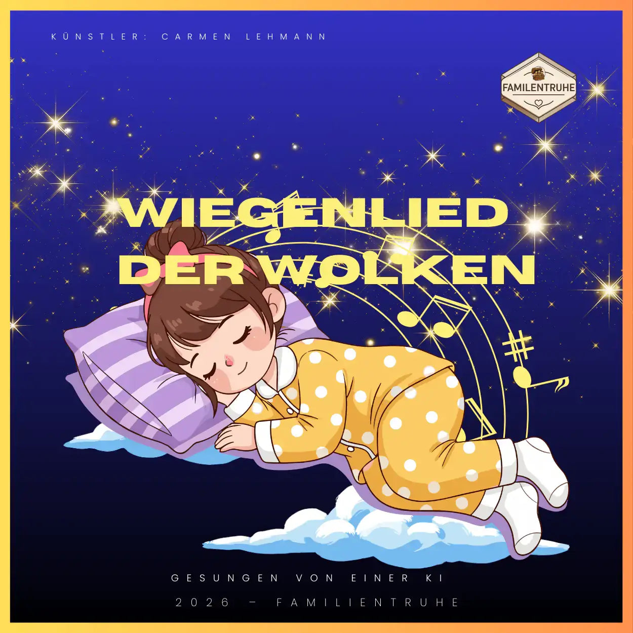 Illustration eines schlafenden Kindes mit dem Titel Wiegenlied der Wolken, umgeben von musikalischen Noten und Wolken.