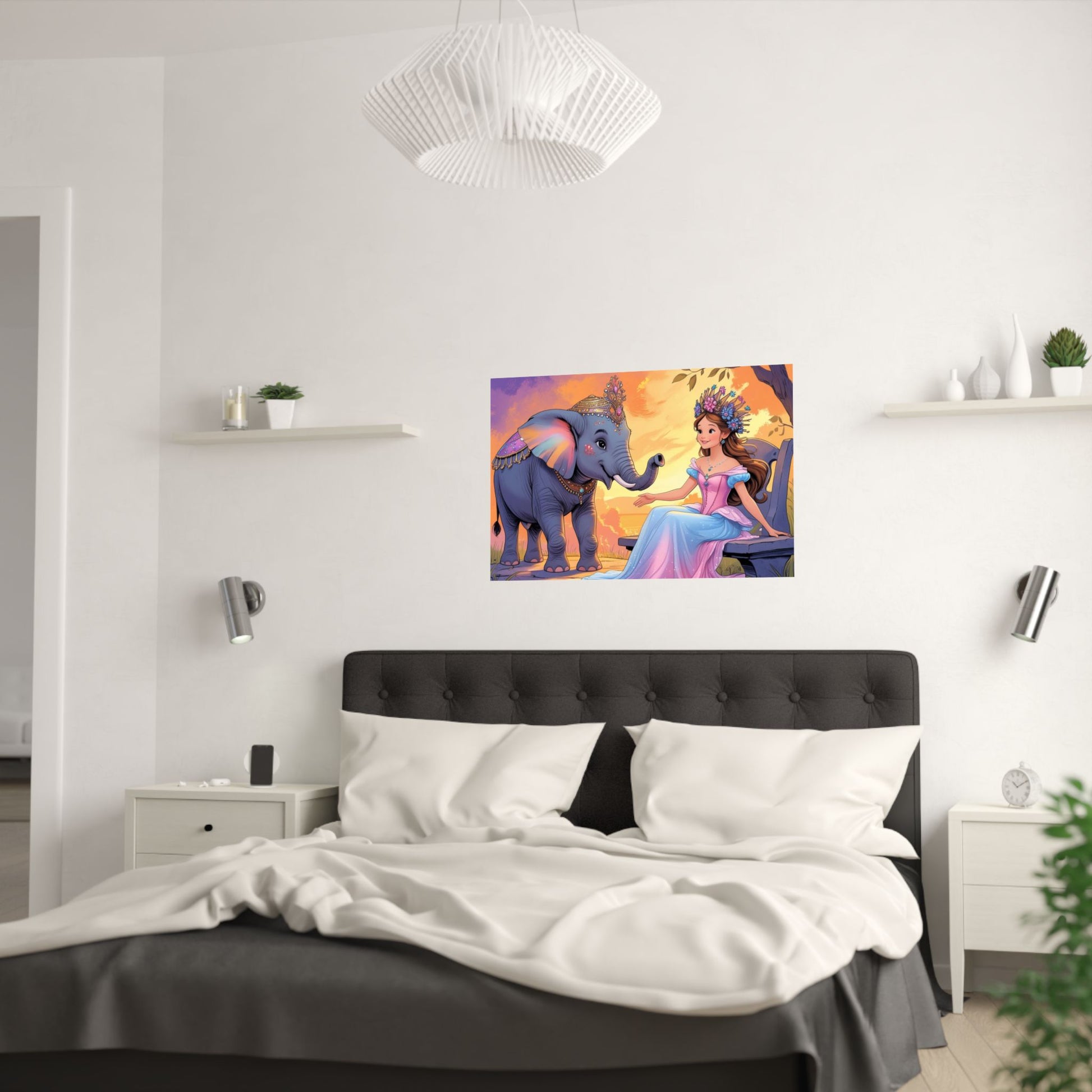 Skurriler Wandkunstdruck, Satinposter zur Dekoration des Kinderzimmers, Elefanten- und Prinzessinnenillustration, Kinderzimmerkunst, Geschenk zur Babyparty