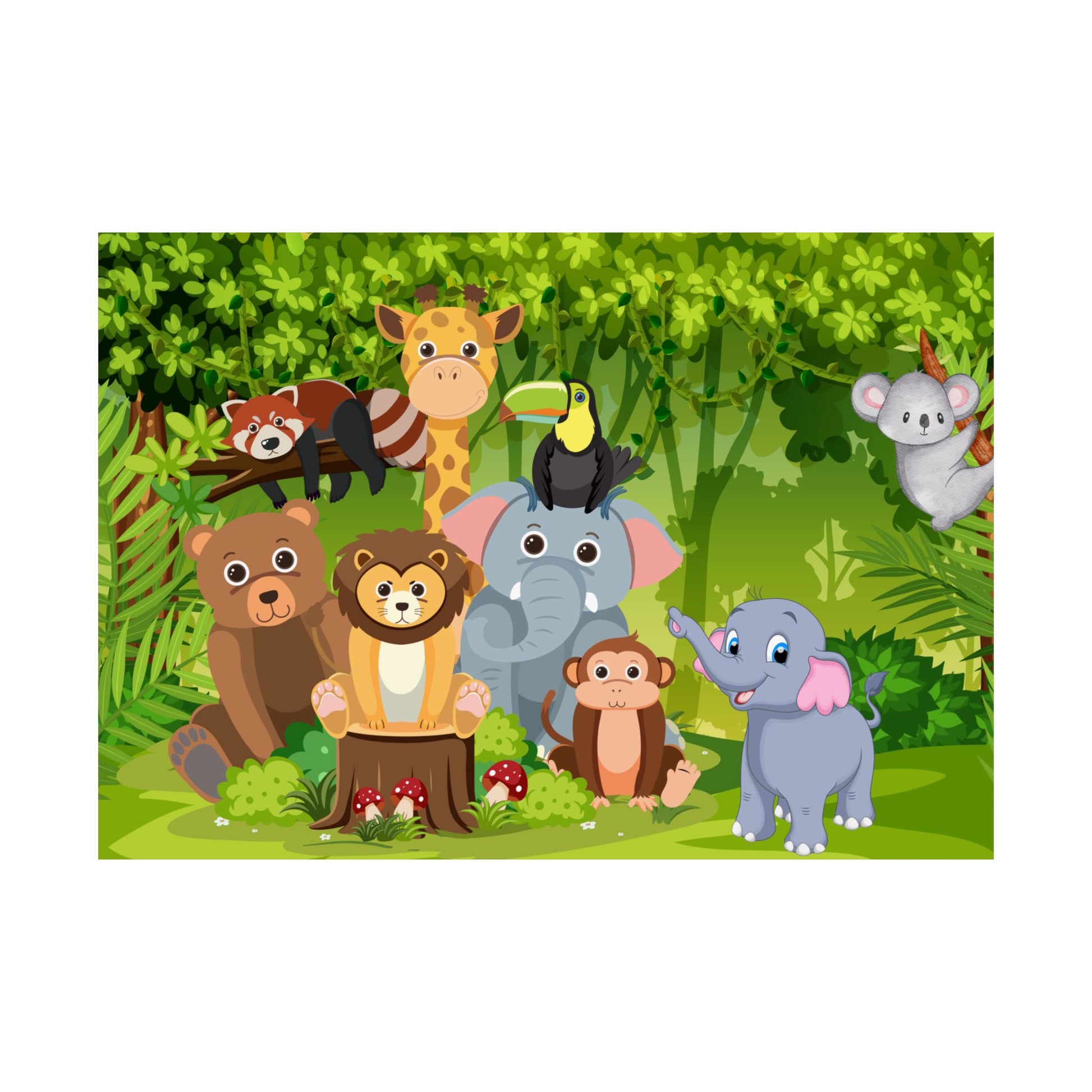 Buntes Satin-Poster mit Tierfreunden | Kinderzimmer-Dekor, Kinderzimmer-Wandkunst, Spielzimmer-Dekoration, Dschungeltiere-Druck, Babyparty-Geschenk