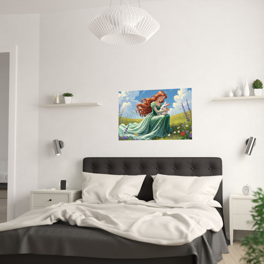 Wunderliches Satin Poster, Zauberhafte Wandkunst, Prinzessin & Hase Design, Kinderzimmer Dekor, Märchen Wandkunst, Kinderzimmer Dekor