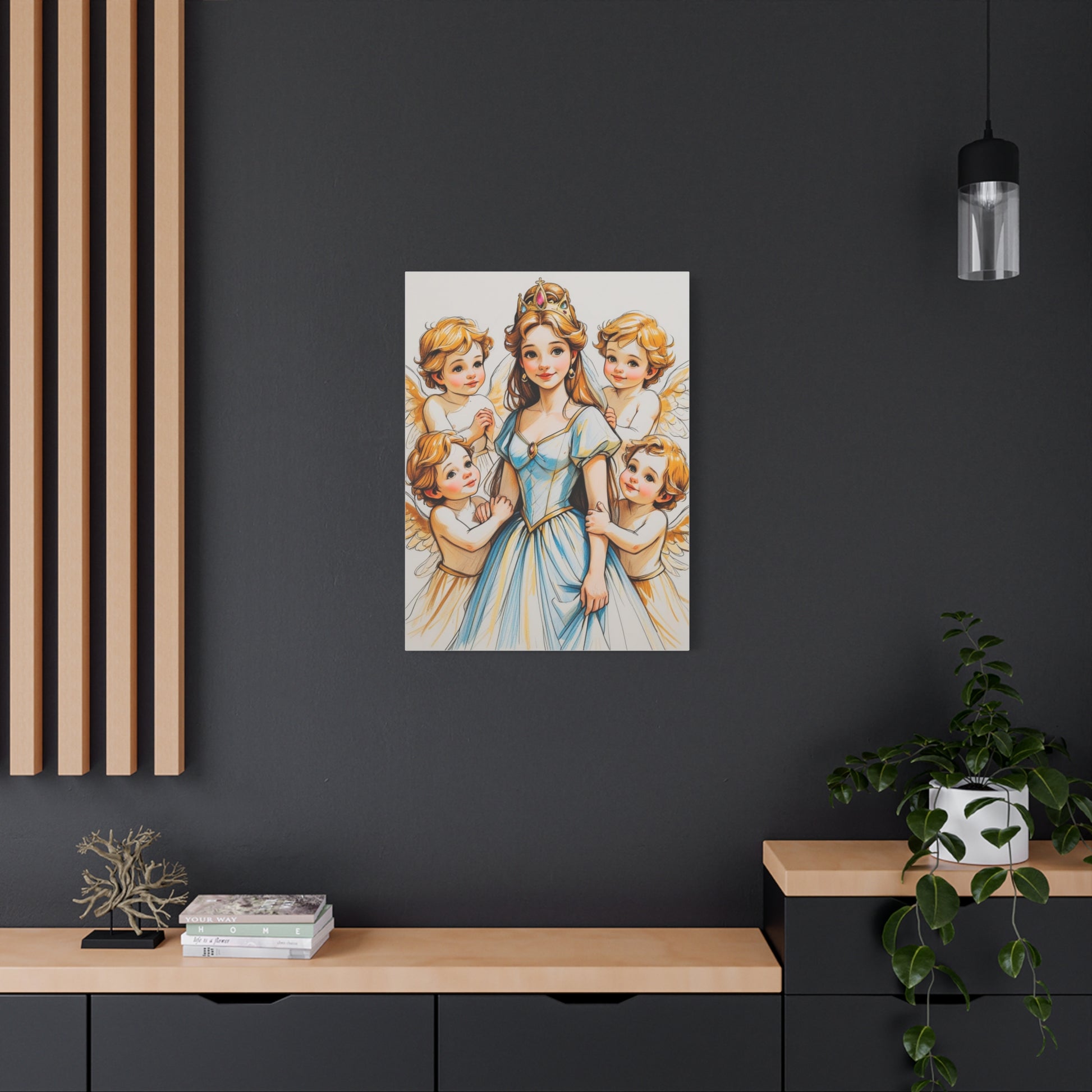 Prinzessin mit ein Seiden mehrfarbiges  blaues Kleid und kleine Engel in Mal Motiv