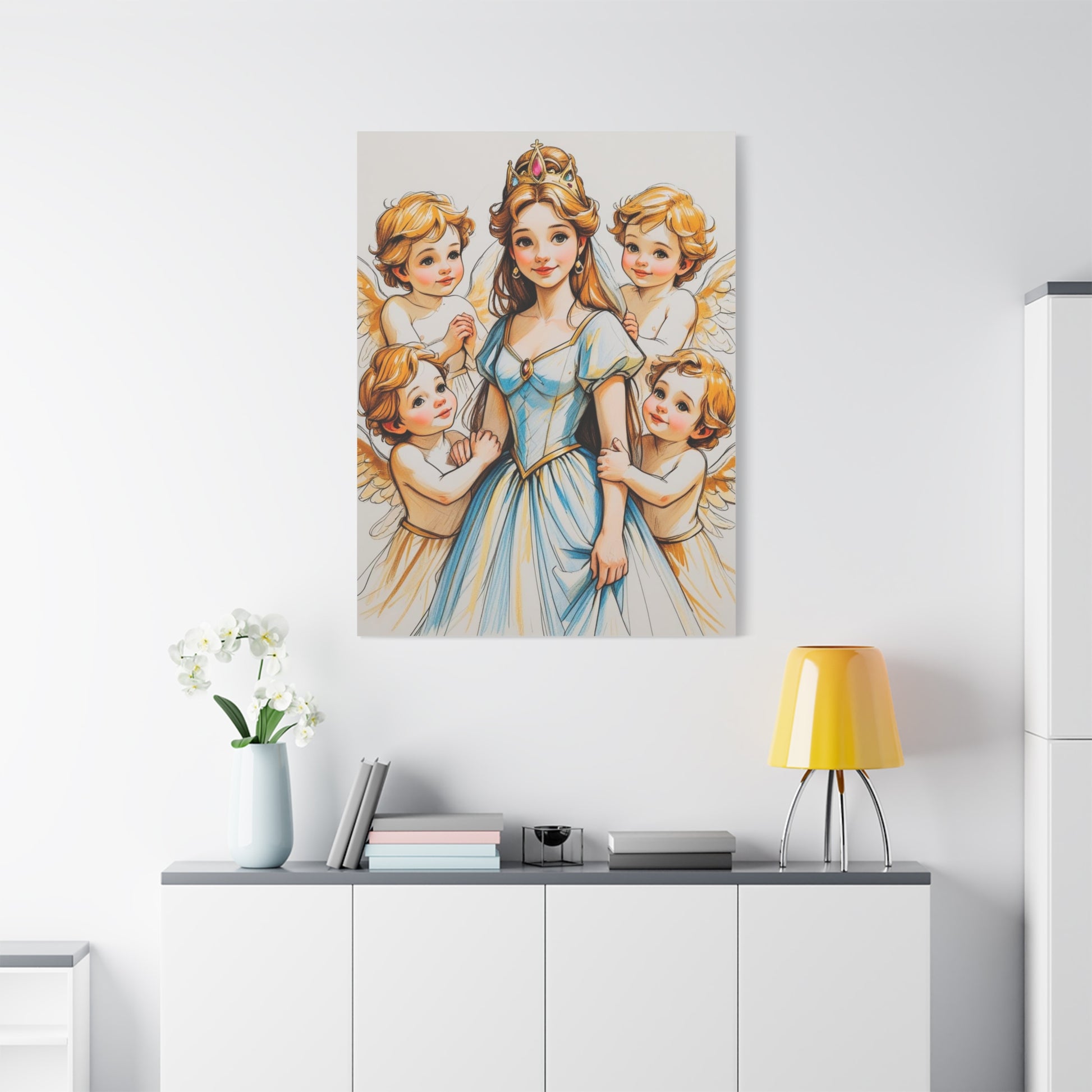 Prinzessin mit ein Seiden mehrfarbiges  blaues Kleid und kleine Engel in Mal Motiv in Großformat