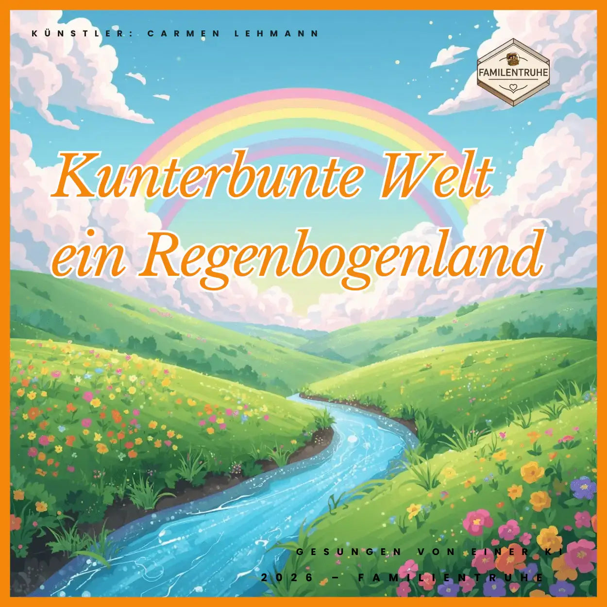 Kinderlied Kunterbunte Welt ein Regenbogenland zeigt eine bunte Landschaft mit einem Regenbogen und einem Fluss.