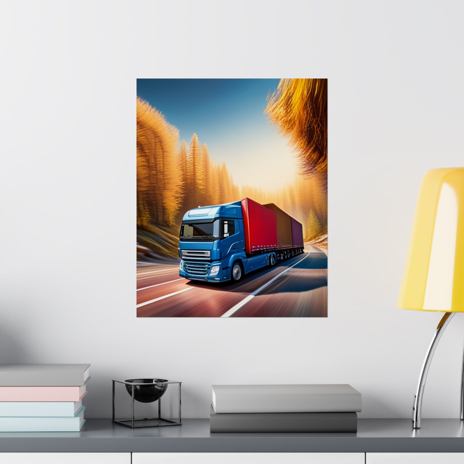 Satin-Wandkunst-Poster – Truck on Highway, Wohndekor, Geschenke für Truck-Liebhaber, Raumästhetik, Transportkunst