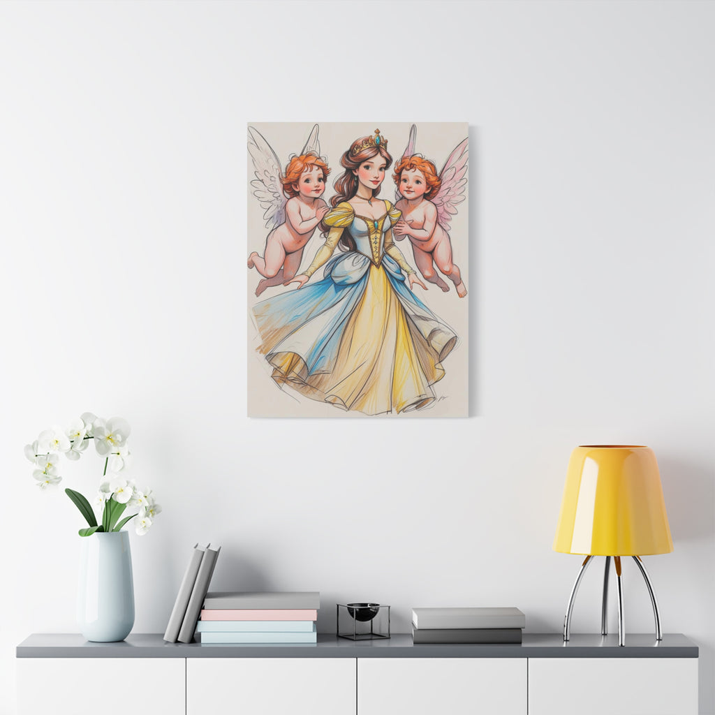 Prinzessin mit ein Seiden mehrfarbiges  Gelb  blaues Kleid und kleine Engel in Mal Motiv