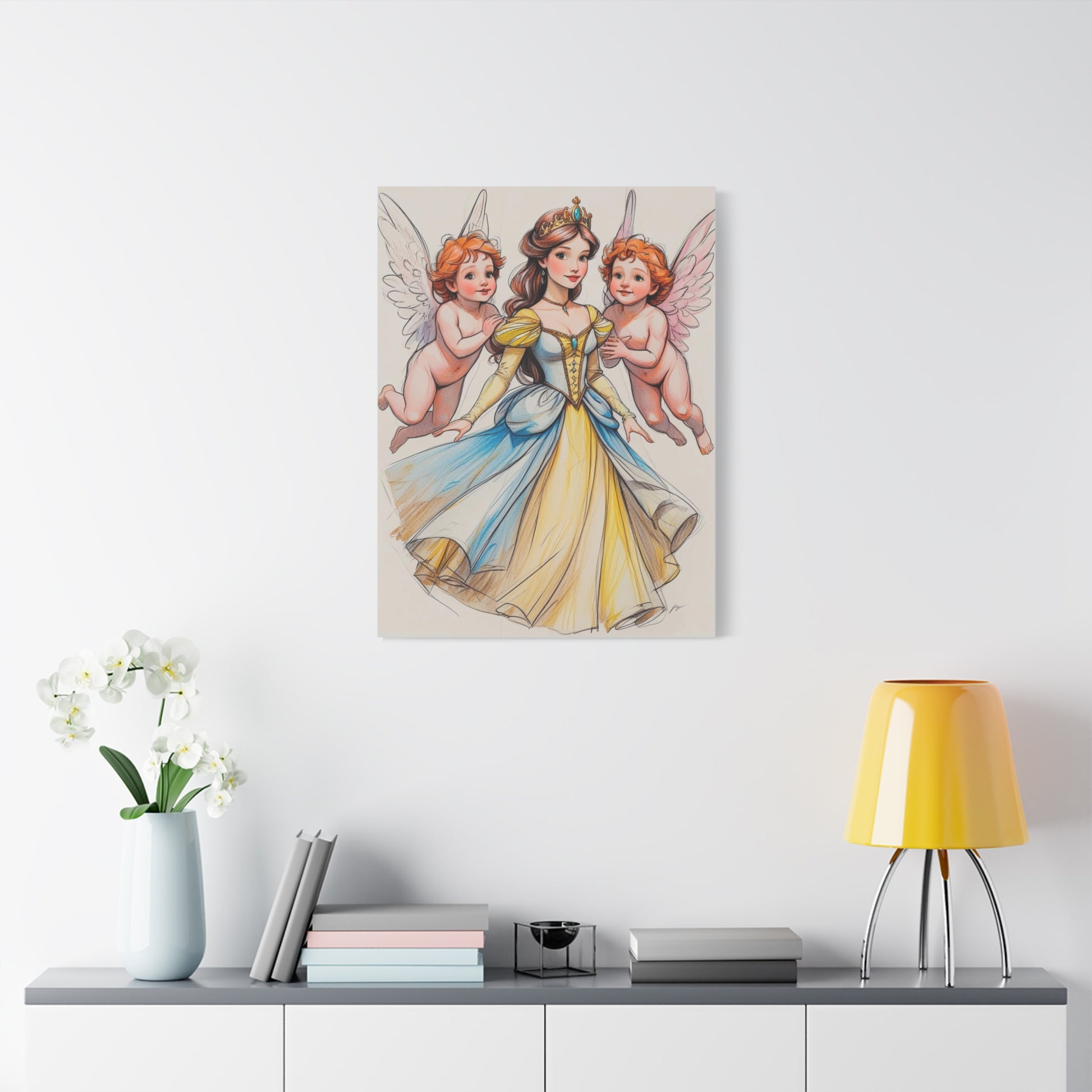 Prinzessin mit ein Seiden mehrfarbiges  Gelb  blaues Kleid und kleine Engel in Mal Motiv