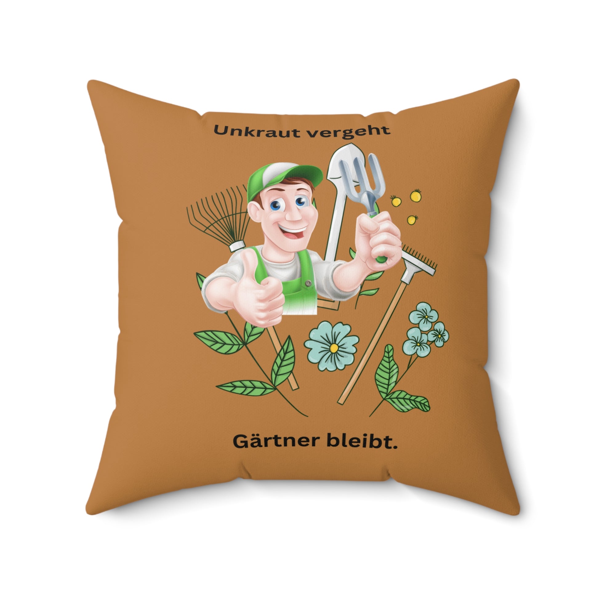Quadratisches Gärtnerkissen, gemütliche Wohndekoration, Geschenk mit grünem Daumen, Gartenbegeisterte, einzigartiges Wurfkissen, Unkraut vergeht Gärtner bleibt