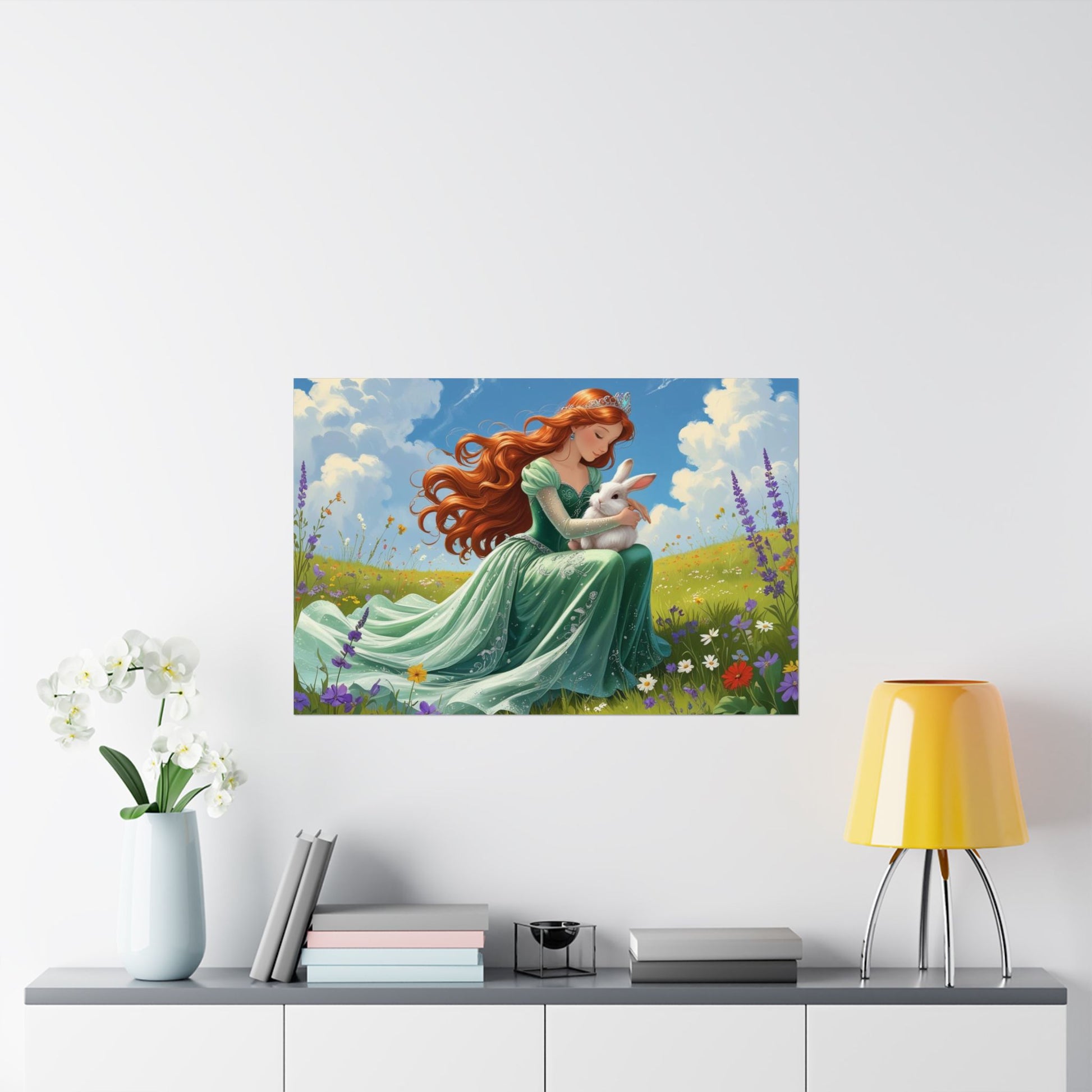 Wunderliches Satin Poster, Zauberhafte Wandkunst, Prinzessin & Hase Design, Kinderzimmer Dekor, Märchen Wandkunst, Kinderzimmer Dekor