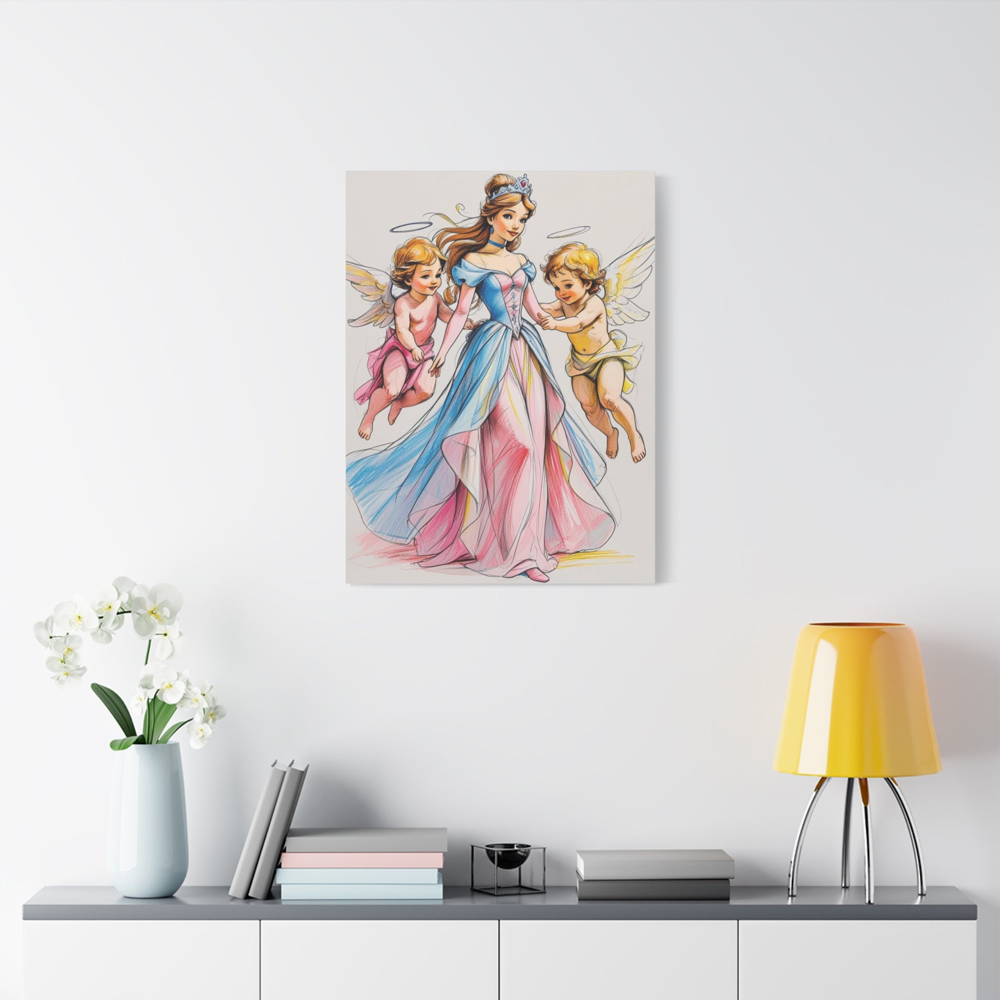 Prinzessin mit ein Seiden mehrfarbiges Kleid und kleine Engel in Mal Motiv