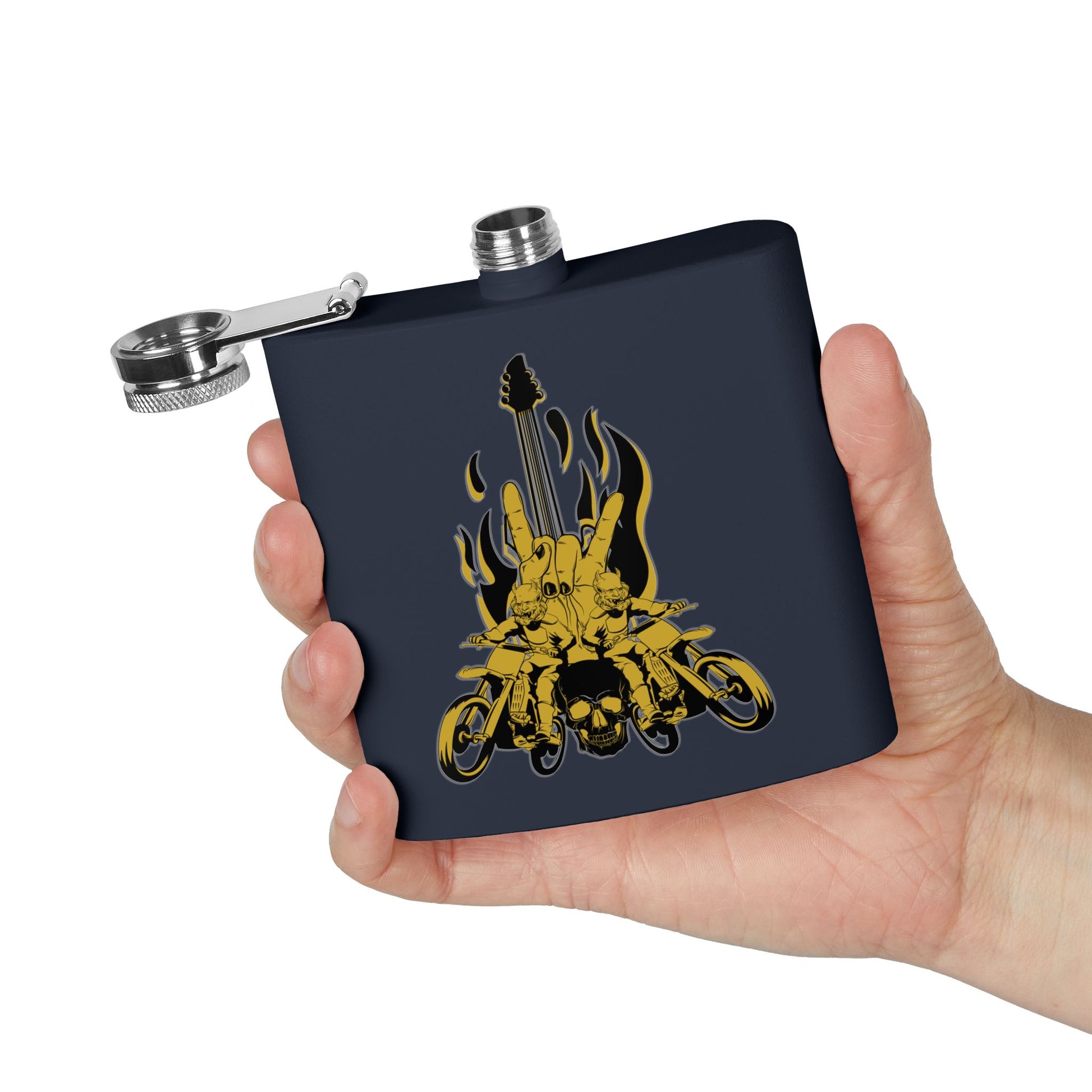 Edelstahl-Flachmann mit Rock 'n' Roll-Motiv – 170 ml, Totenkopf- und Gitarren-Design
