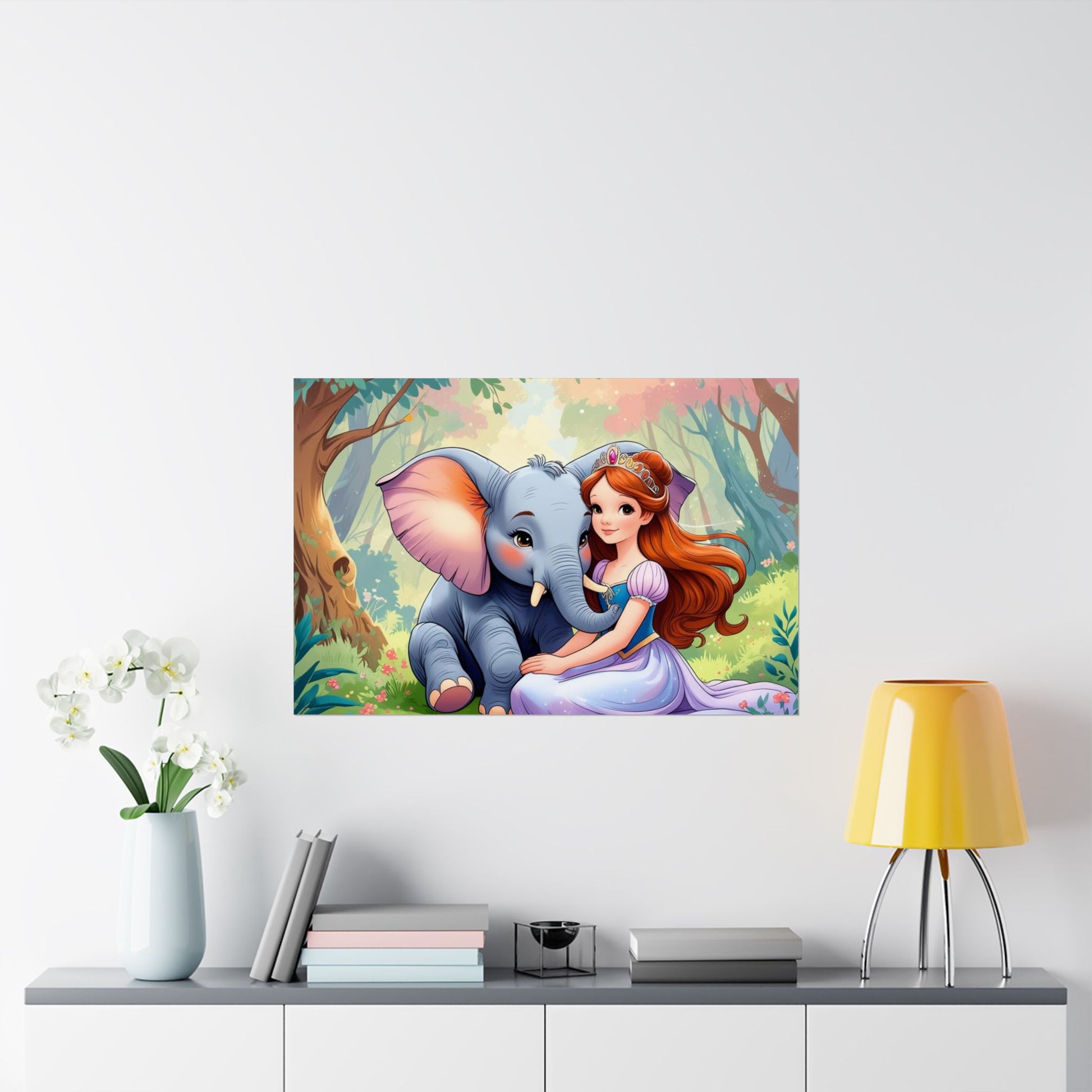 Wunderliche Satin-Posterkunst | Elefanten- und Prinzessinnen-Design, Kinderzimmer-Dekor, Kinderzimmer-Wandkunst, Geschenk für Tierliebhaber, Fantasy-Kunstwerk