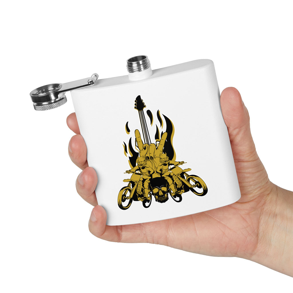 Edelstahl-Flachmann mit Rock 'n' Roll-Motiv – 170 ml, Totenkopf- und Gitarren-Design