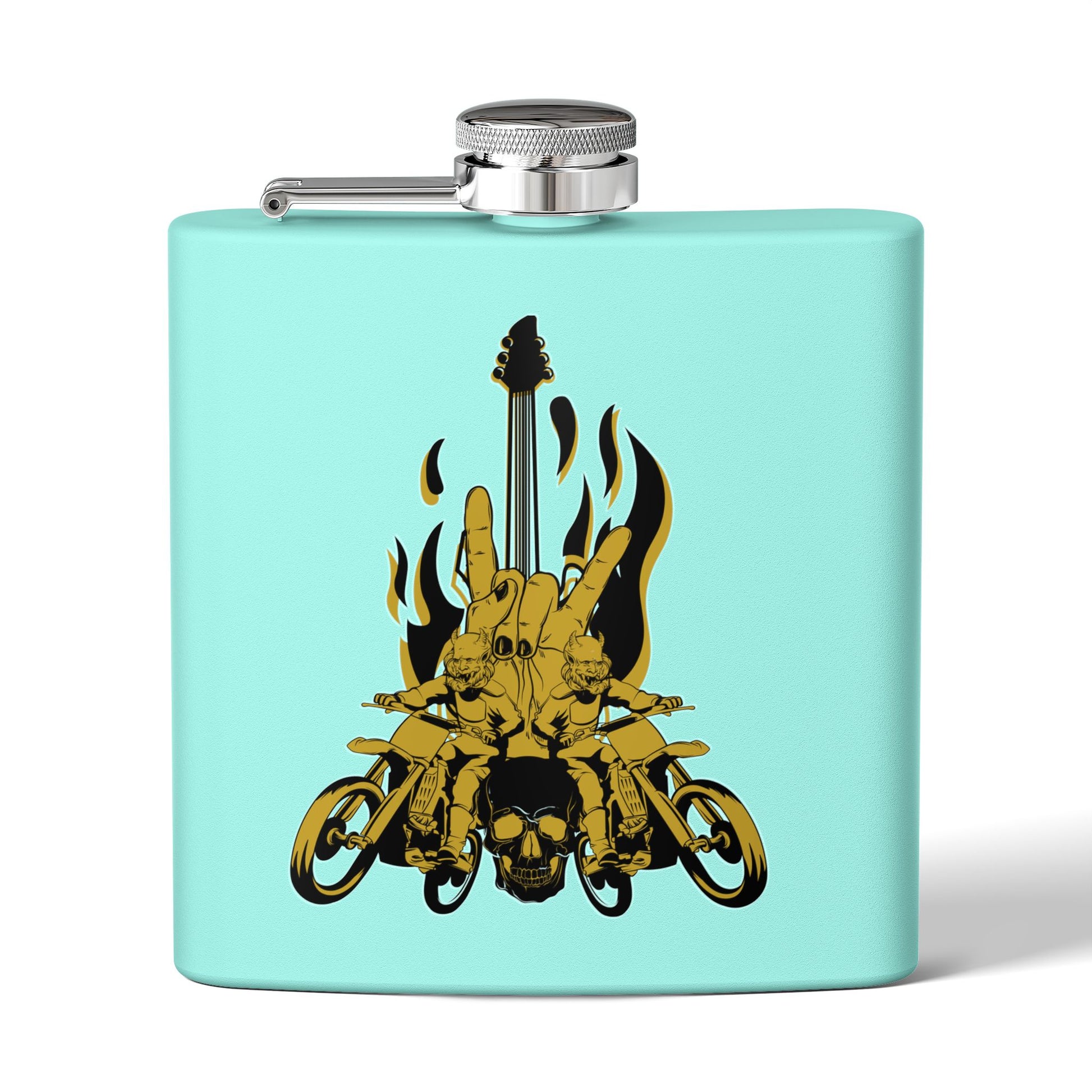 Edelstahl-Flachmann mit Rock 'n' Roll-Motiv – 170 ml, Totenkopf- und Gitarren-Design