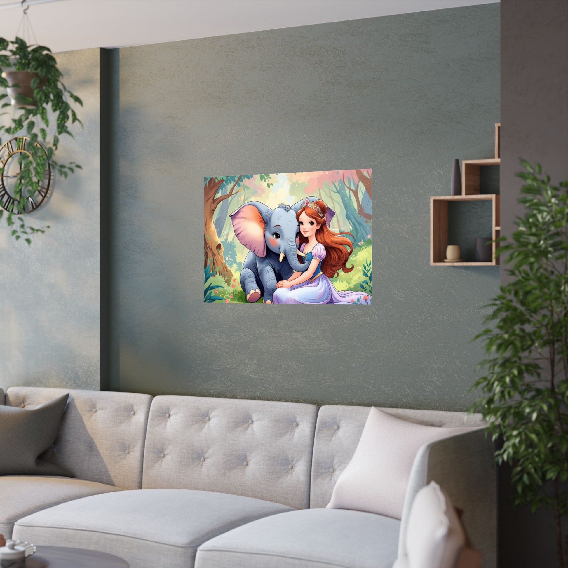 Wunderliche Satin-Posterkunst | Elefanten- und Prinzessinnen-Design, Kinderzimmer-Dekor, Kinderzimmer-Wandkunst, Geschenk für Tierliebhaber, Fantasy-Kunstwerk