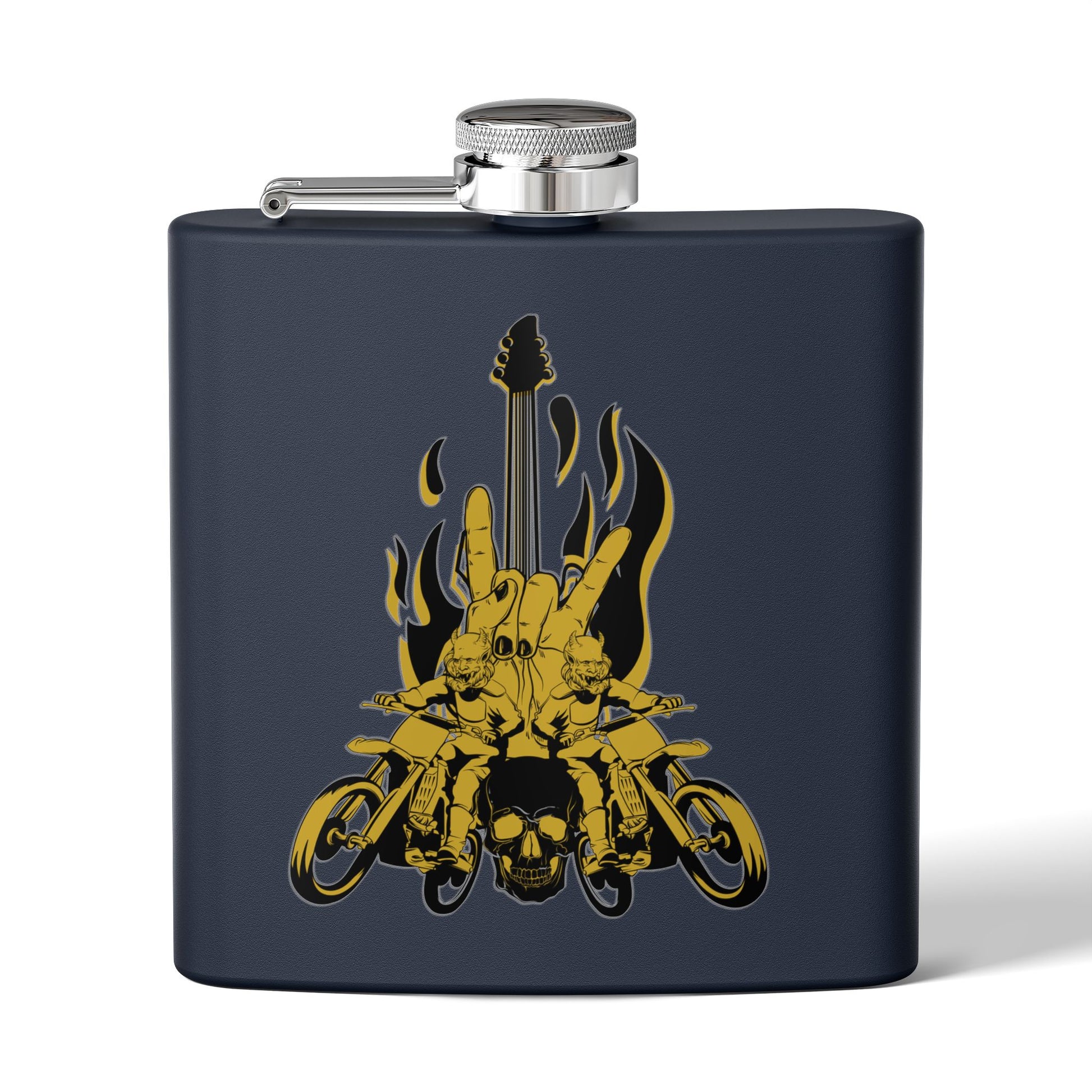 Edelstahl-Flachmann mit Rock 'n' Roll-Motiv – 170 ml, Totenkopf- und Gitarren-Design