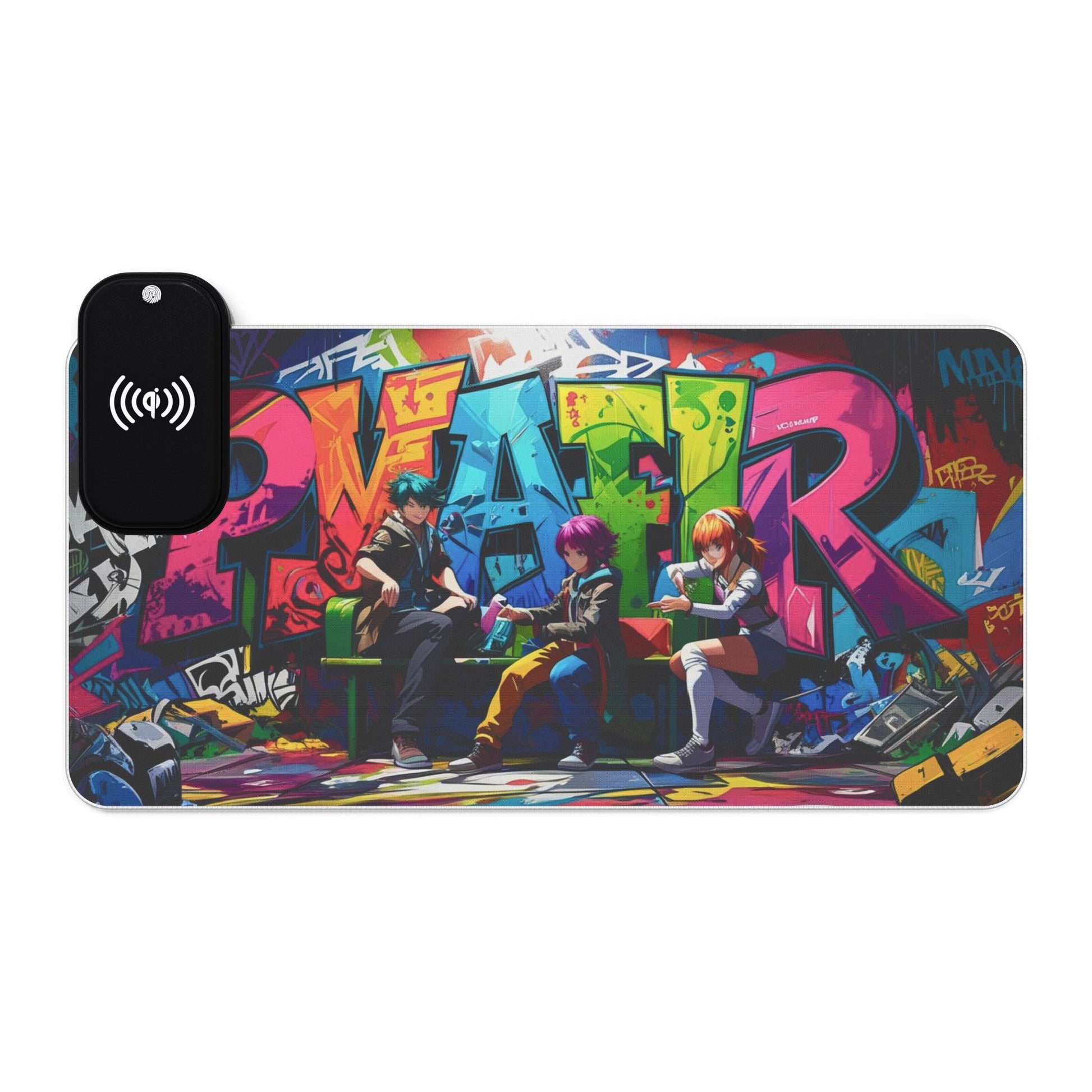LED-Gaming-Mauspad – Kabelloses Laden, buntes Graffiti-Design, Gamer-Geschenk, Schreibtisch-Accessoire, einzigartiges Bürodekor