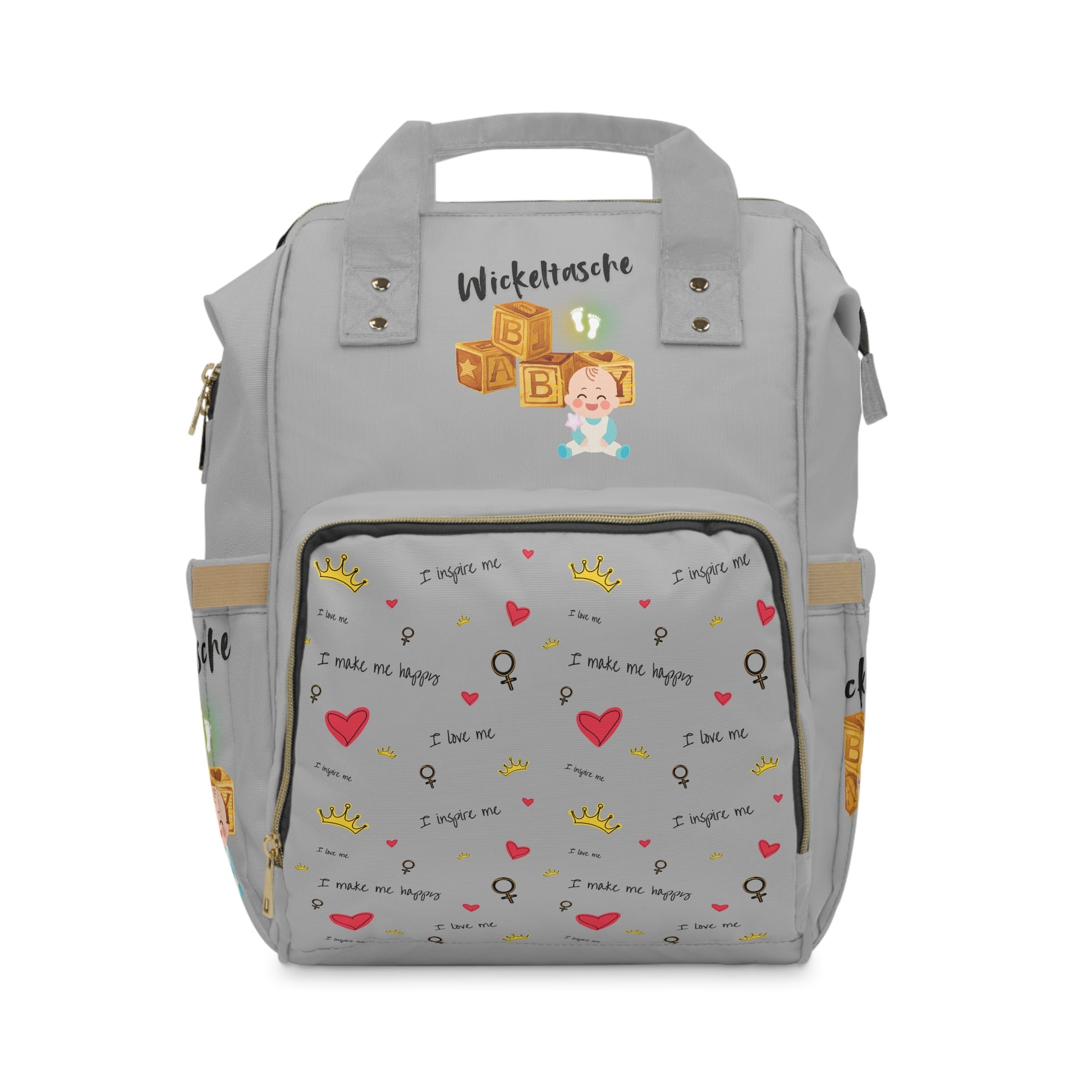 Süßer multifunktionaler Wickelrucksack für Eltern – „I Make Me Happy“-Design