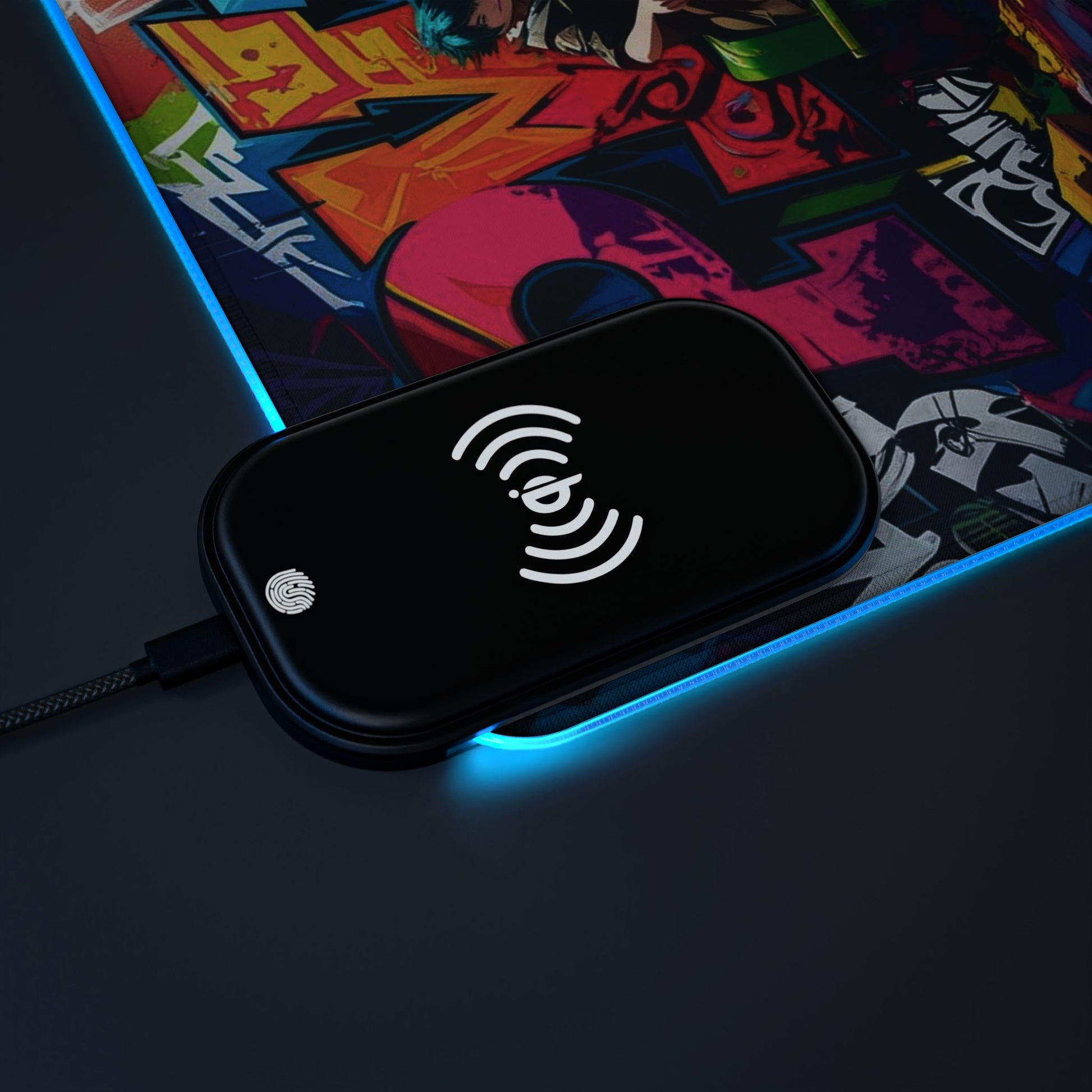 LED-Gaming-Mauspad – Kabelloses Laden, buntes Graffiti-Design, Gamer-Geschenk, Schreibtisch-Accessoire, einzigartiges Bürodekor