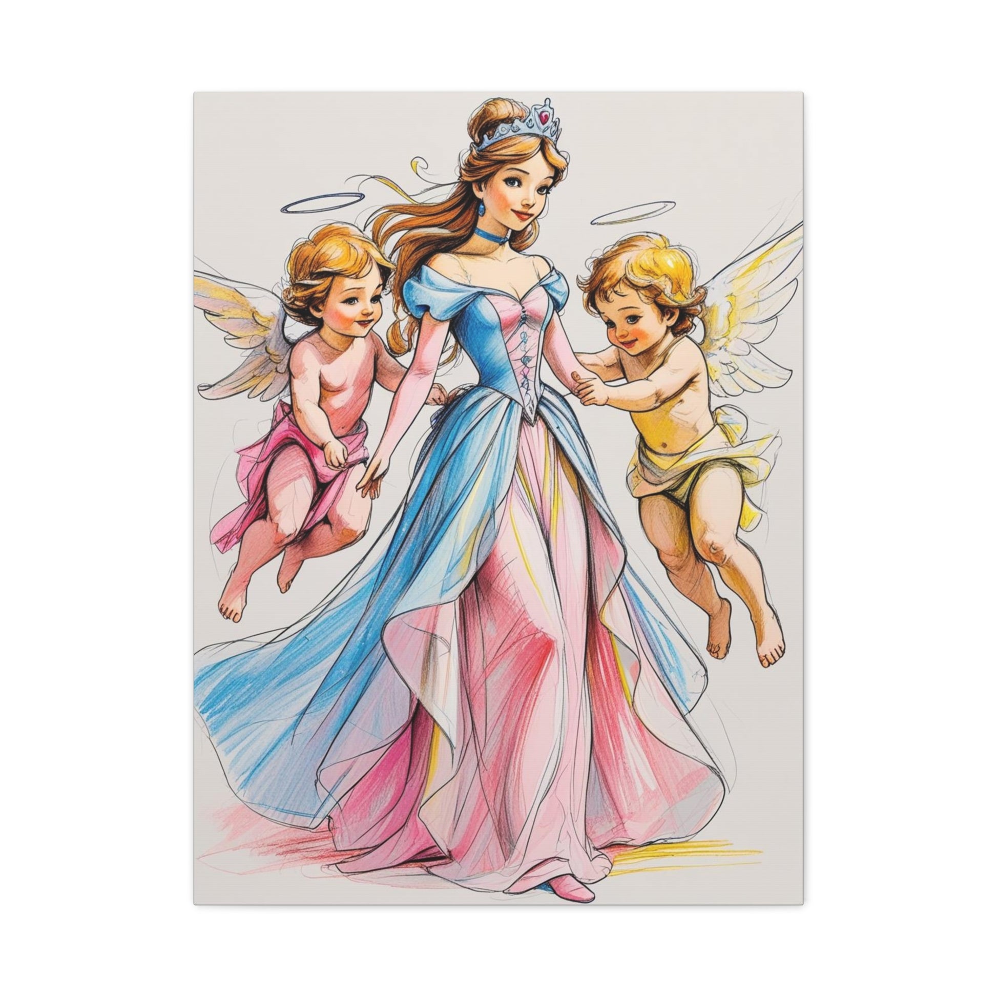 Prinzessin mit ein Seiden mehrfarbiges Kleid und kleine Engel in Mal Motiv