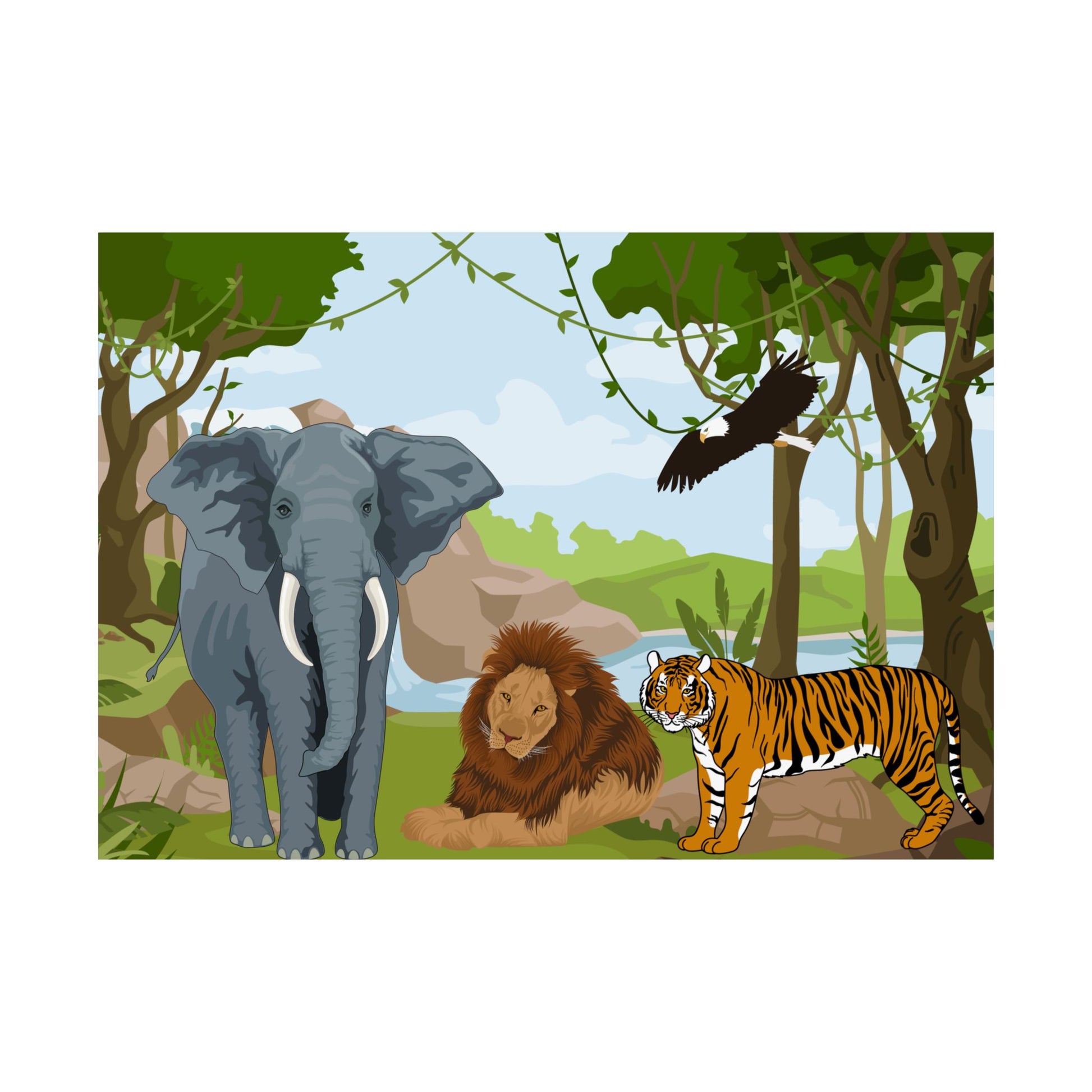 Wildlife Adventure Satin Poster, Dschungel Kunstdruck, Safari Dekor, Kinderzimmer Wandkunst, Geschenk für Naturliebhaber, Tier-Themen-Wohndekor