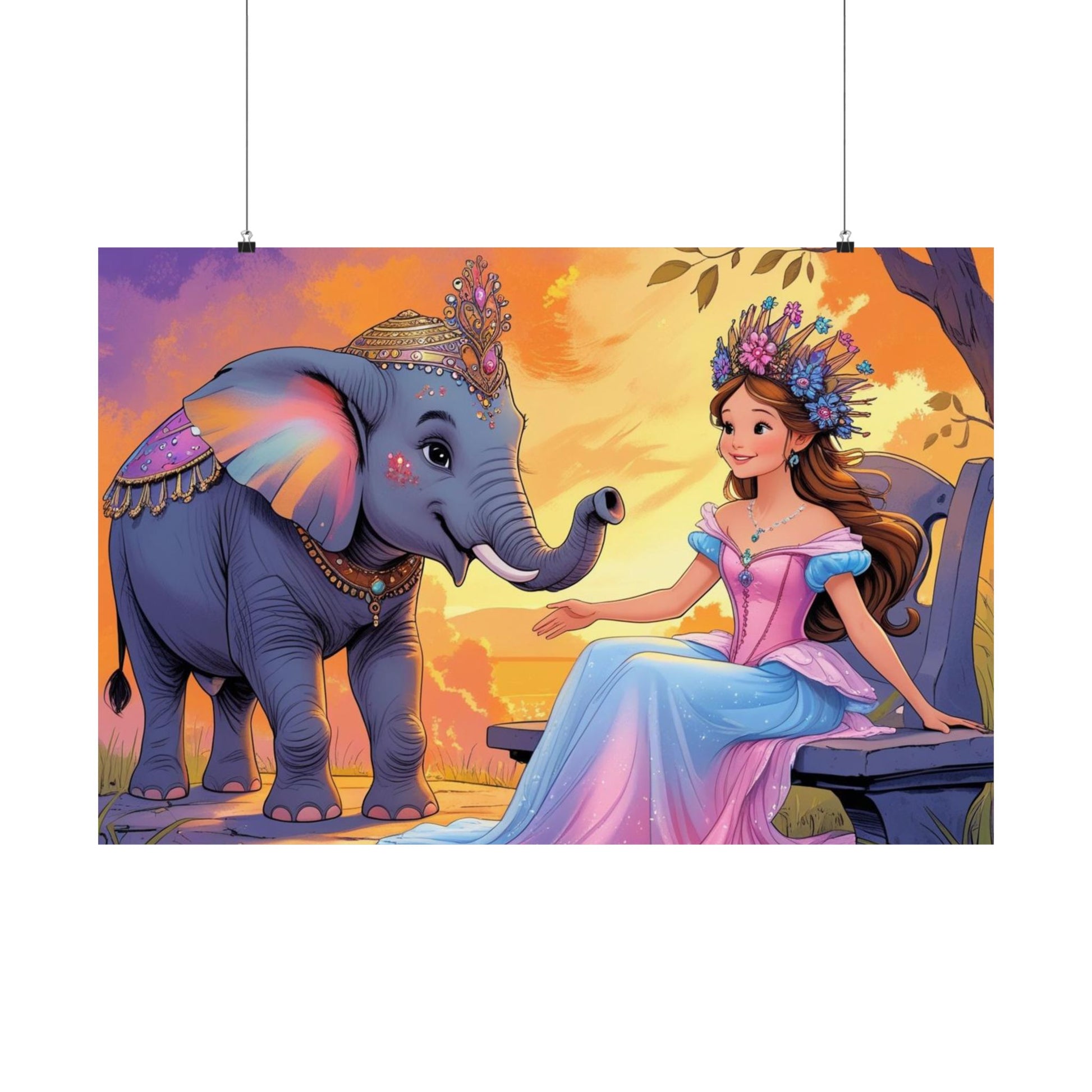 Skurriler Wandkunstdruck, Satinposter zur Dekoration des Kinderzimmers, Elefanten- und Prinzessinnenillustration, Kinderzimmerkunst, Geschenk zur Babyparty