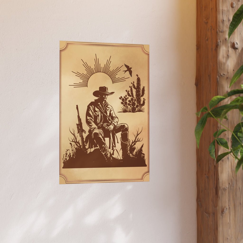 Poster Cowboy sitzt auf einem Stein in der Prärie und ruht sich aus